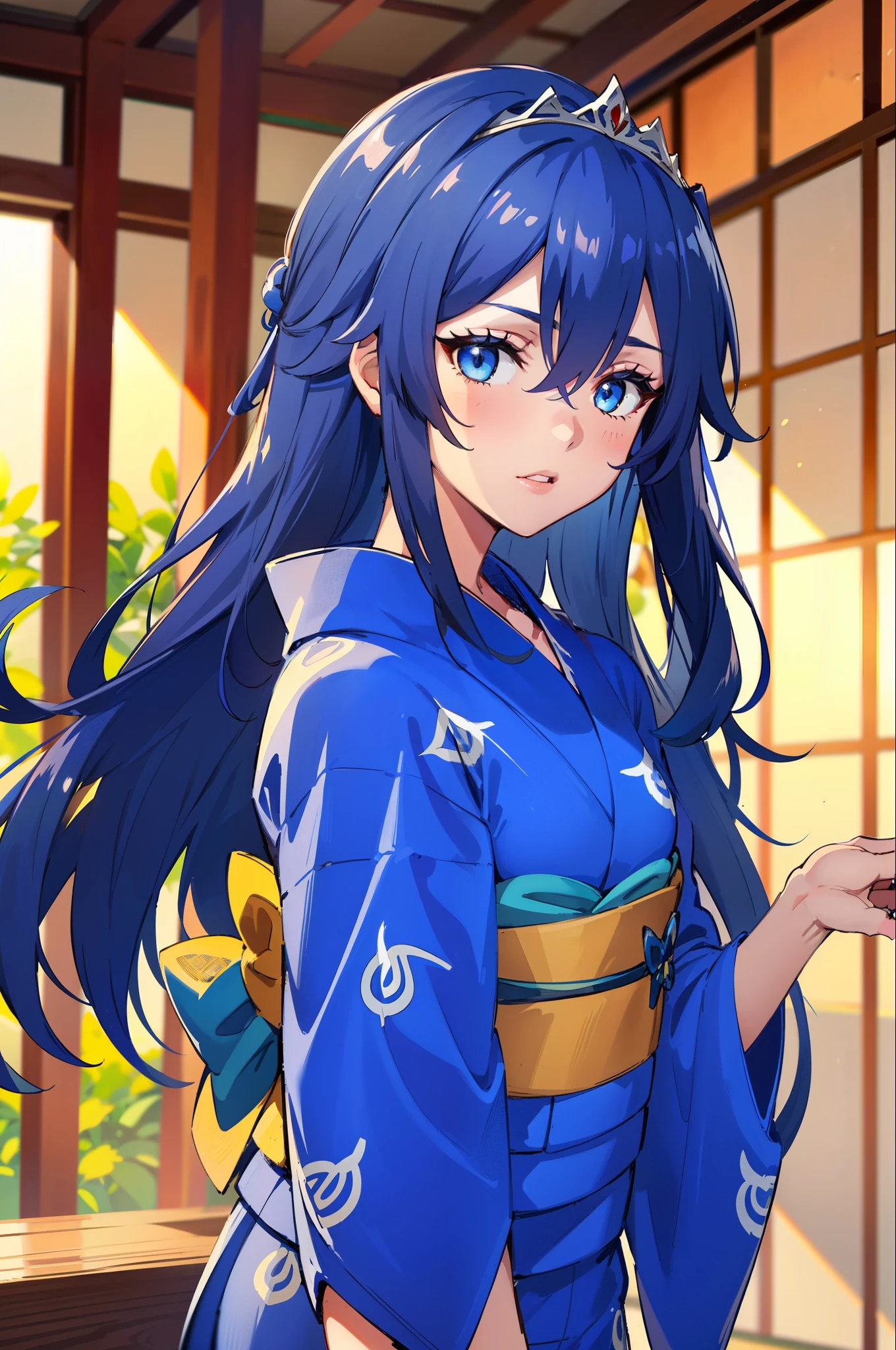 LucinaYukata, tiara, blue yukata, blue kimono, blue hair, tiara (masterpiece, best quality), intricate details, 1girl, blue eyes, solo, tiara, hair between eyes, 