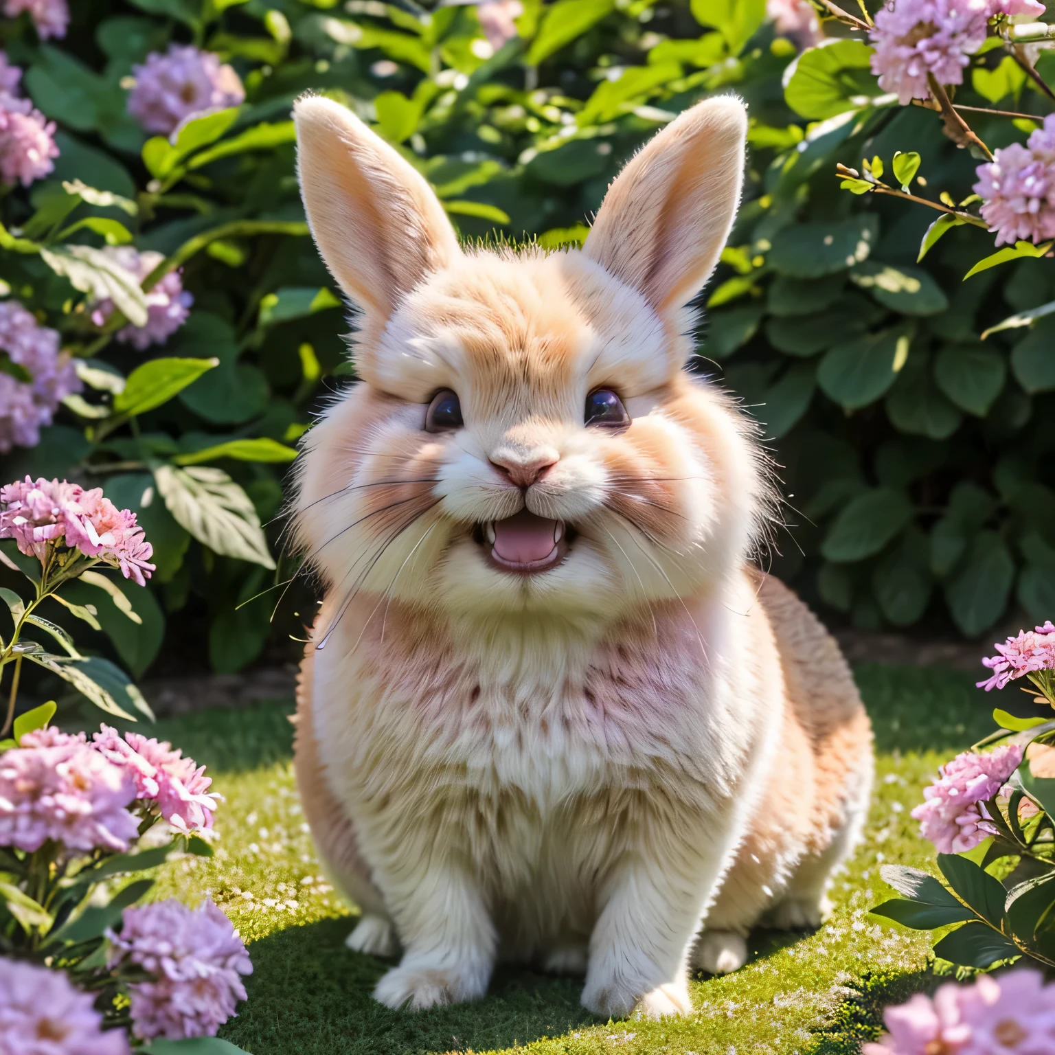 (best quality,4k,8k,highres,masterpiece:1.2),ultra-detailed,realistic,cute rabbit show teeth,pink fur,detailed fluffy ears,sparkling eyes,nose twitching,enjoying a sunny day,in a lush garden,blooming flowers,colorful butterflies,happy expression,natural lighting,soft pastel tones,playful posture