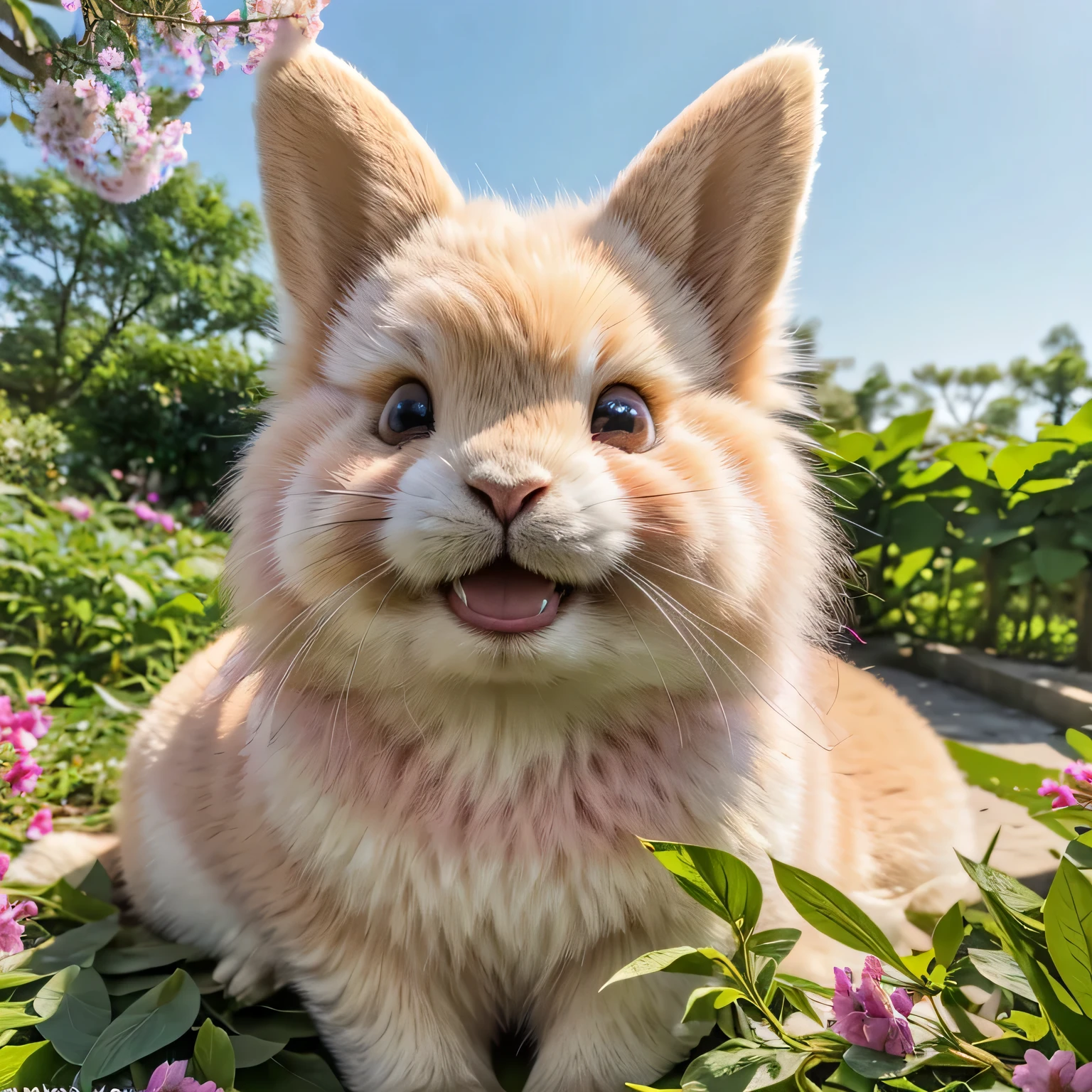 (best quality,4k,8k,highres,masterpiece:1.2),ultra-detailed,realistic,cute rabbit show teeth,pink fur,detailed fluffy ears,sparkling eyes,nose twitching,enjoying a sunny day,in a lush garden,blooming flowers,colorful butterflies,happy expression,natural lighting,soft pastel tones,playful posture