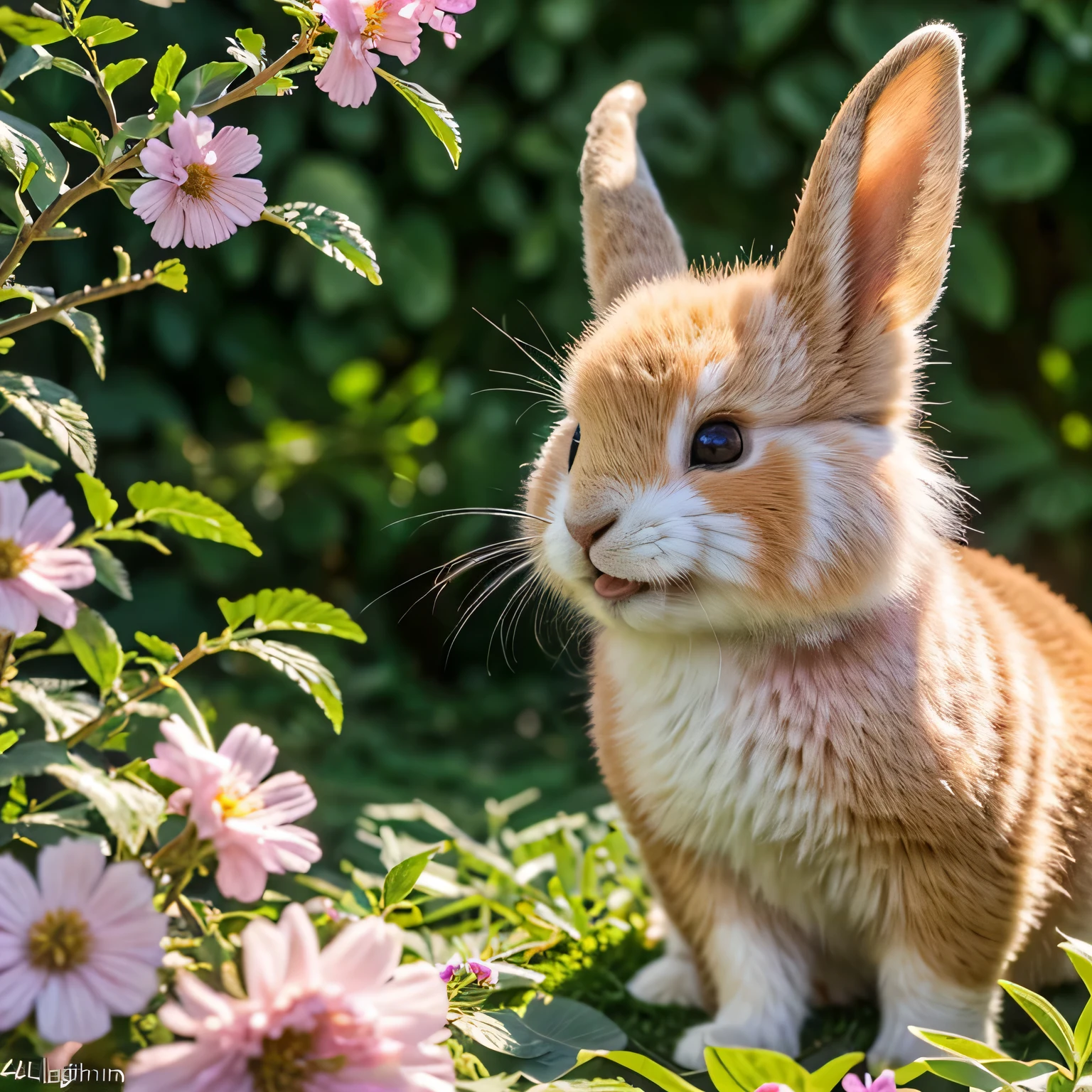 (best quality,4k,8k,highres,masterpiece:1.2),ultra-detailed,realistic,cute rabbit show teeth,pink fur,detailed fluffy ears,sparkling eyes,nose twitching,enjoying a sunny day,in a lush garden,blooming flowers,colorful butterflies,happy expression,natural lighting,soft pastel tones,playful posture