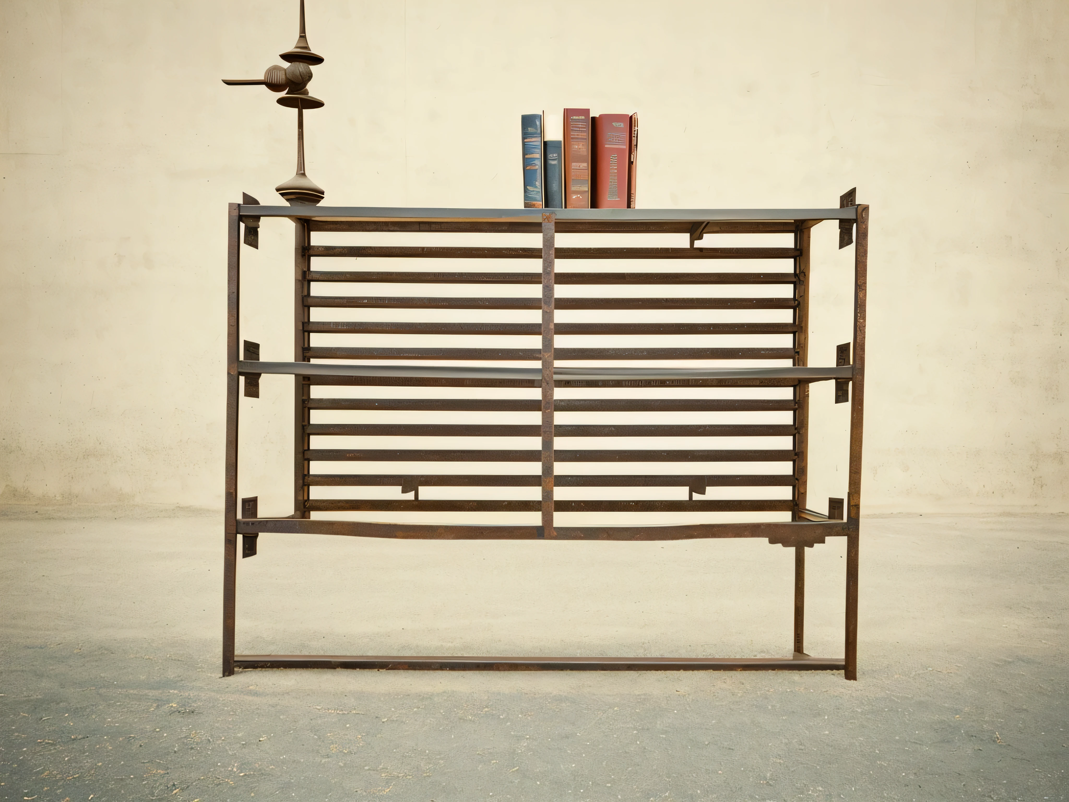 there is a Metal shelf with a book on it, iron frame, Door, Set photo, shelf, Thomas Bock, horizontal, head, Metal, Metal plate photo, conceptual, heat sink, "pig, photo, steel, a photo of a rusty, musical instrument, Thomas Dubois, Metal 快Door, monument, shelf, , Ilya, 快Door, farm