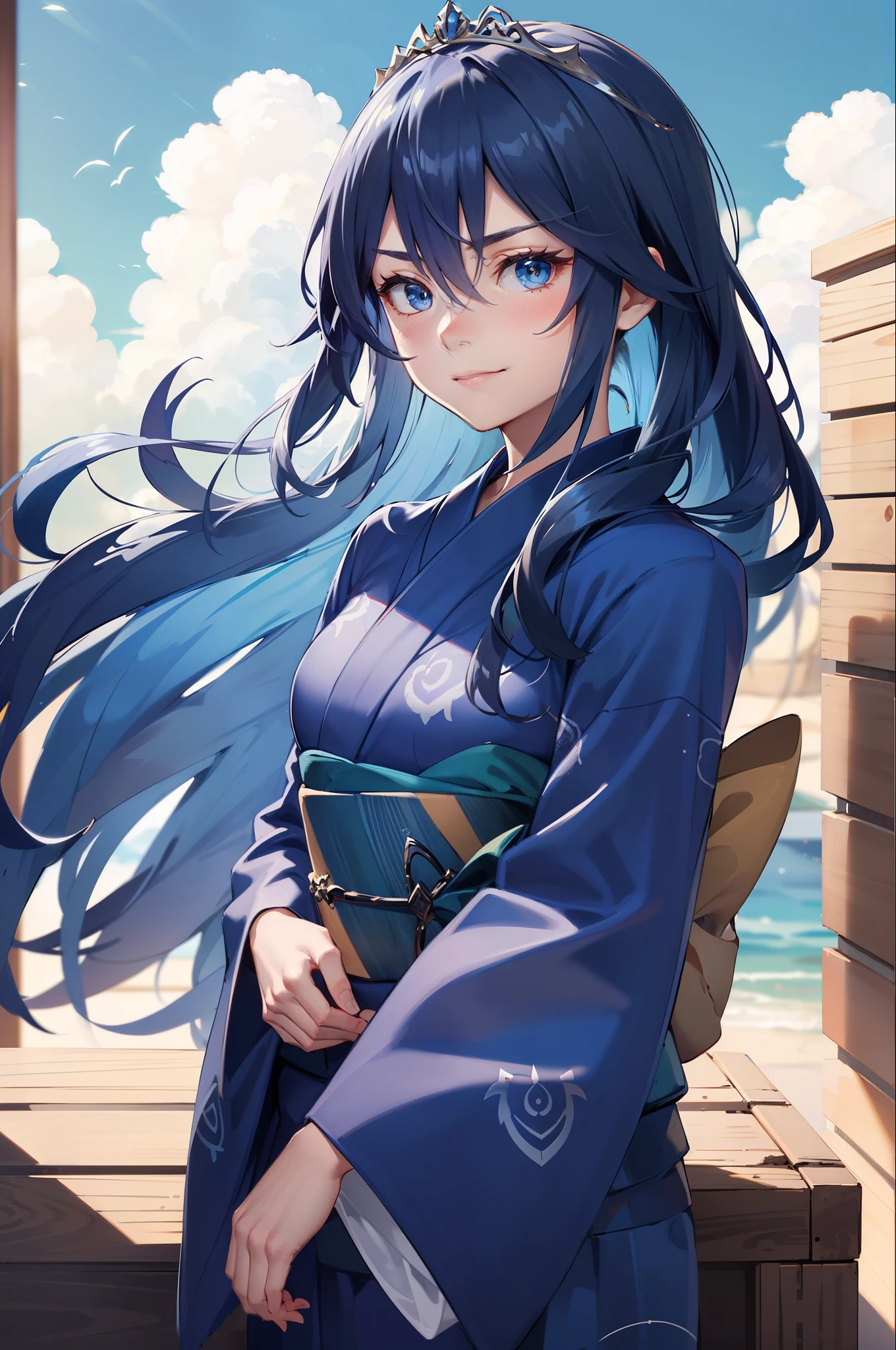 LucinaYukata, tiara, blue yukata, blue kimono, blue hair, tiara (masterpiece, best quality), intricate details, 1girl, blue eyes, solo, tiara, hair between eyes, upper body, looking at viewer, furrowed brow, blue sky, clouds, furrowed brow, smile