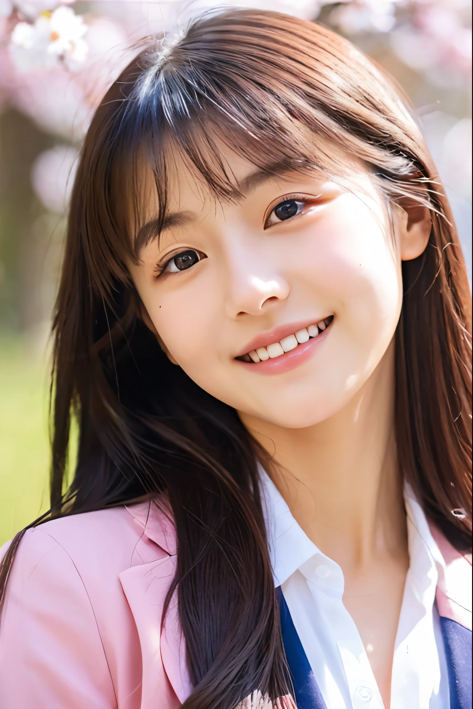 beautiful face、best quality、Super high natural light、shiny skin、delicate skin、delicate face、narrow eyes、beautiful japanese girls、smile、cherry blossoms、blazer