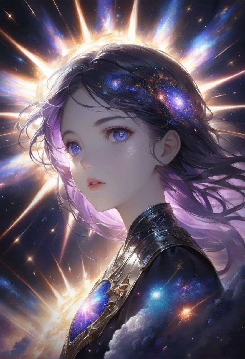 A girl standing alone in front of a breathtaking masterpiece of a supernova explosion. Her eyes are intricately detailed, reflecting the vibrant colors of the exploding stars. Her lips are also beautifully detailed, perfectly complementing her mesmerizing gaze. The artwork is rendered in high resolution, capturing every detail and creating a sense of realism. The scene is illuminated by studio lighting, enhancing the vivid colors and adding depth to the composition. The overall tone of the image is vibrant, with rich hues of blues, pinks, and purples dominating the color palette. The explosion of the supernova is depicted with ultra-detailed precision, showcasing the physics and energy behind such an event. The girl's pose and expression convey a sense of awe and wonder, as she witnesses the beauty and power of the cosmos. The surrounding space is filled with distant galaxies and nebulae, adding to the grandeur of the scene. This artwork is a perfect blend of realistic and artistic elements, capturing the imagination and leaving a lasting impression on the viewer.