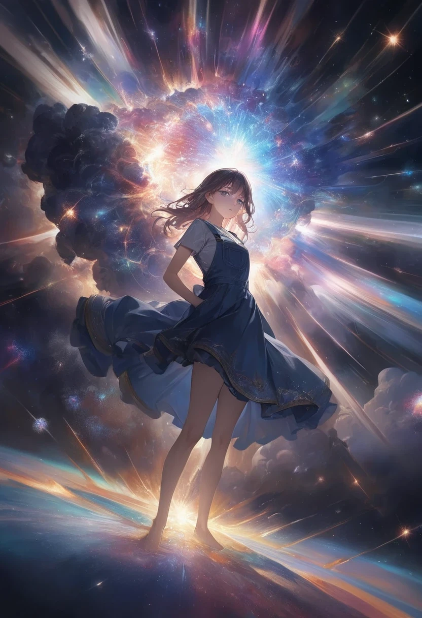 A girl standing alone in front of a breathtaking masterpiece of a supernova explosion. Her eyes are intricately detailed, reflecting the vibrant colors of the exploding stars. Her lips are also beautifully detailed, perfectly complementing her mesmerizing gaze. The artwork is rendered in high resolution, capturing every detail and creating a sense of realism. The scene is illuminated by studio lighting, enhancing the vivid colors and adding depth to the composition. The overall tone of the image is vibrant, with rich hues of blues, pinks, and purples dominating the color palette. The explosion of the supernova is depicted with ultra-detailed precision, showcasing the physics and energy behind such an event. The girl's pose and expression convey a sense of awe and wonder, as she witnesses the beauty and power of the cosmos. The surrounding space is filled with distant galaxies and nebulae, adding to the grandeur of the scene. This artwork is a perfect blend of realistic and artistic elements, capturing the imagination and leaving a lasting impression on the viewer.