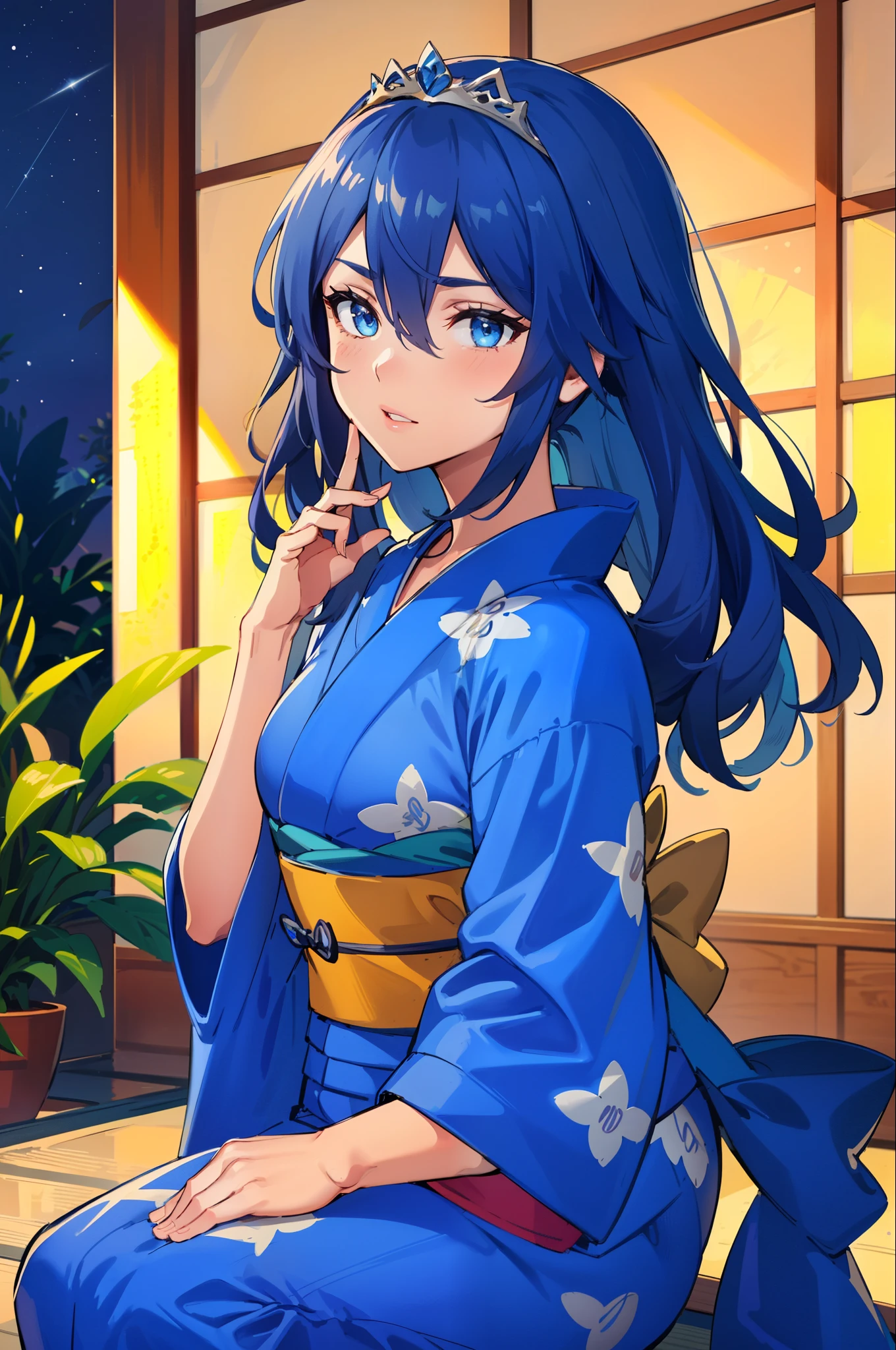 LucinaYukata, tiara, blue yukata, blue kimono, blue hair, tiara (masterpiece, best quality), intricate details, 1girl, blue eyes, solo, tiara, hair between eyes, 