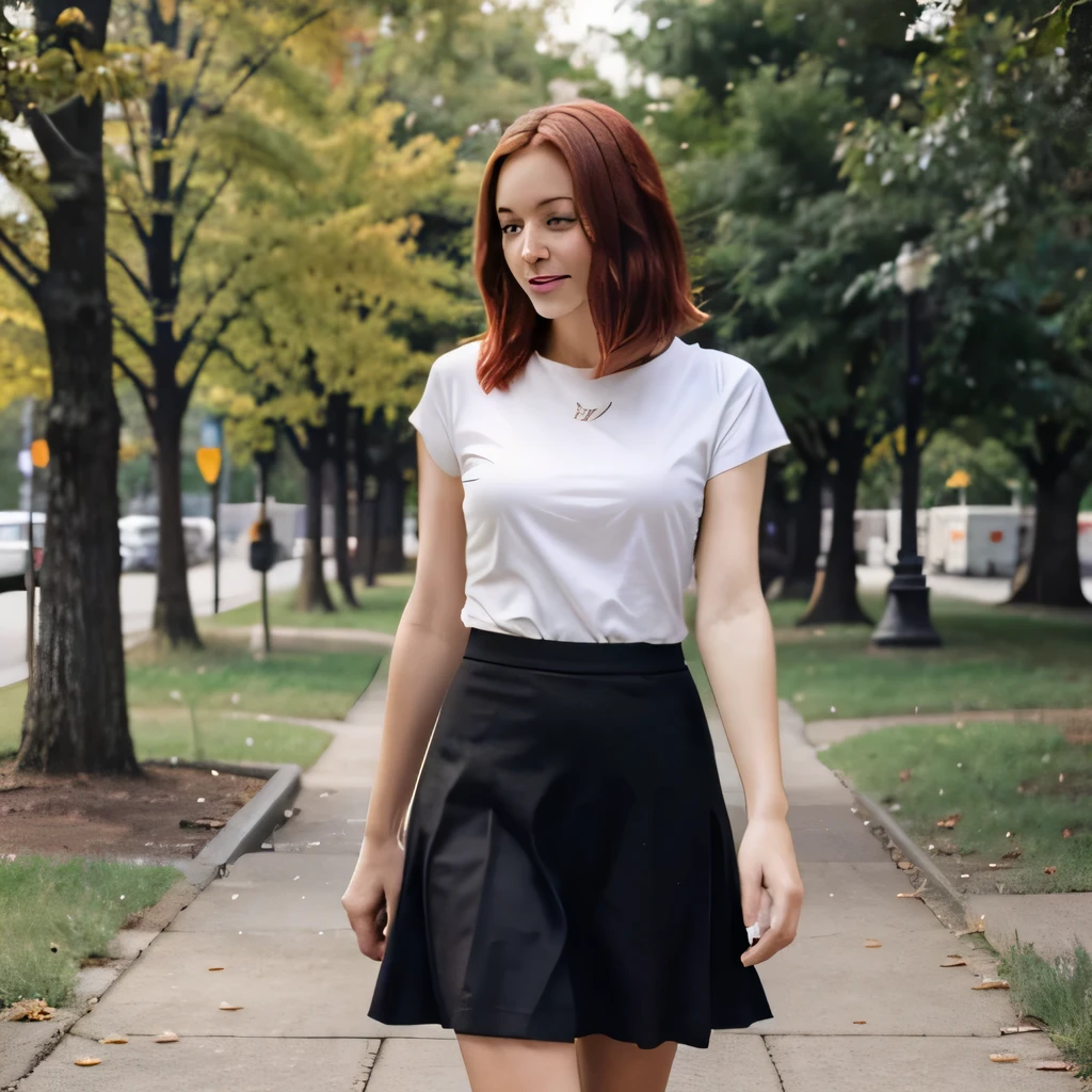 Hot Red head, long Bob, beautiful smile, looking away from the camera, body shot, shooting in a Park, high qulality, Skirt, walking towards camera, Posing