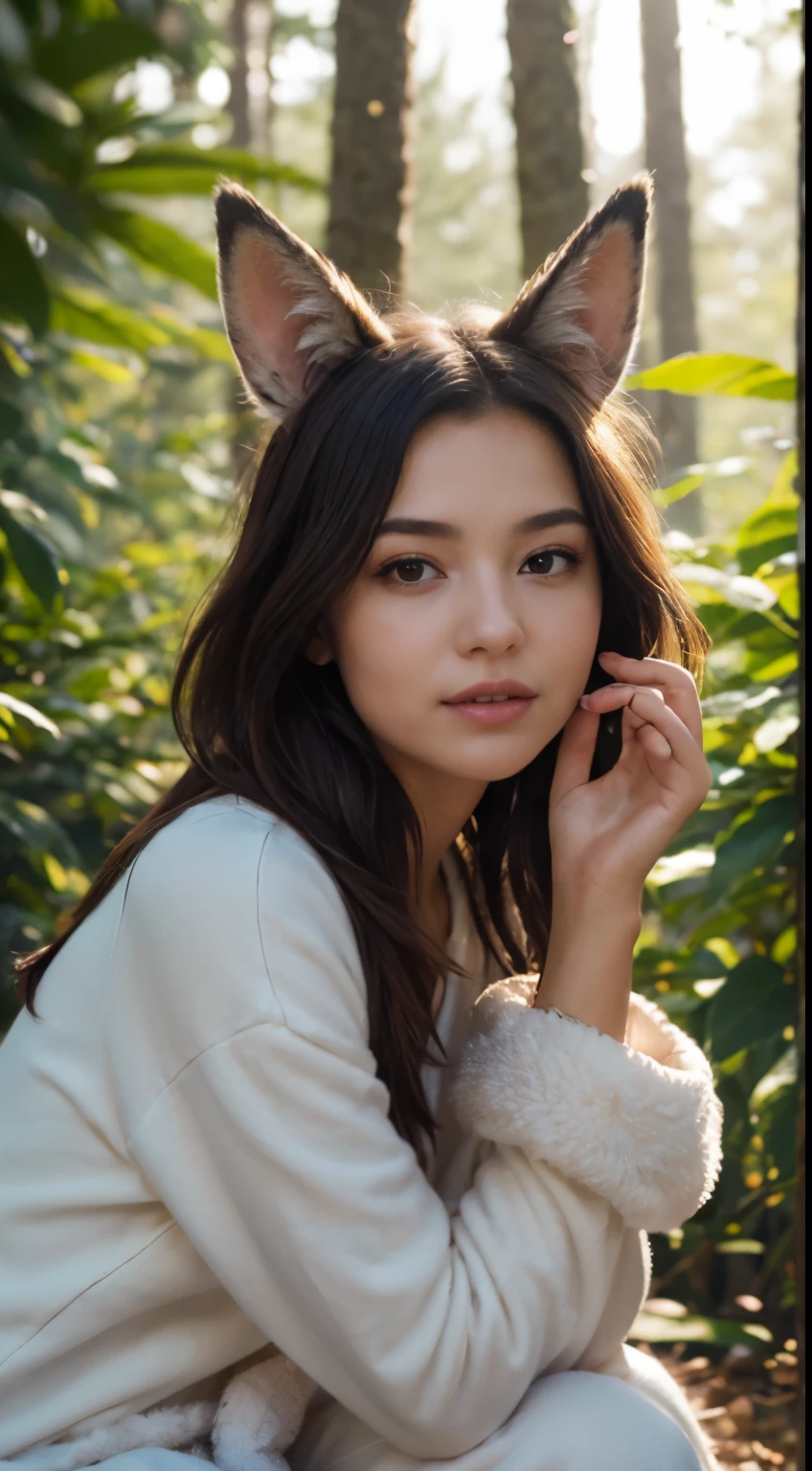 Professional, high-quality photos, 4K resolution, A charming girl captured in realistic detail,She's wearing fluffy white pajamas,ears and foxtails. She's sitting in the middle of the enchanted forest, Every element is perfectly depicted. Pajamas texture, Ears and tail are sharp and palpable. Sunlight falls on leaves,gently illuminates the girl's face, Highlight every delicate and charming expression