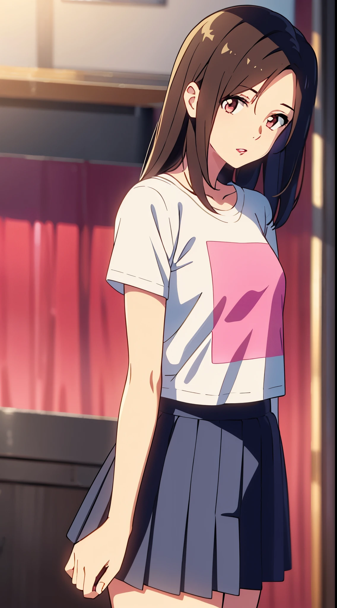 Girl, long brown hair, brown eyes, sharp features, white skin, pink lips, T-shirt, dark blue skirt