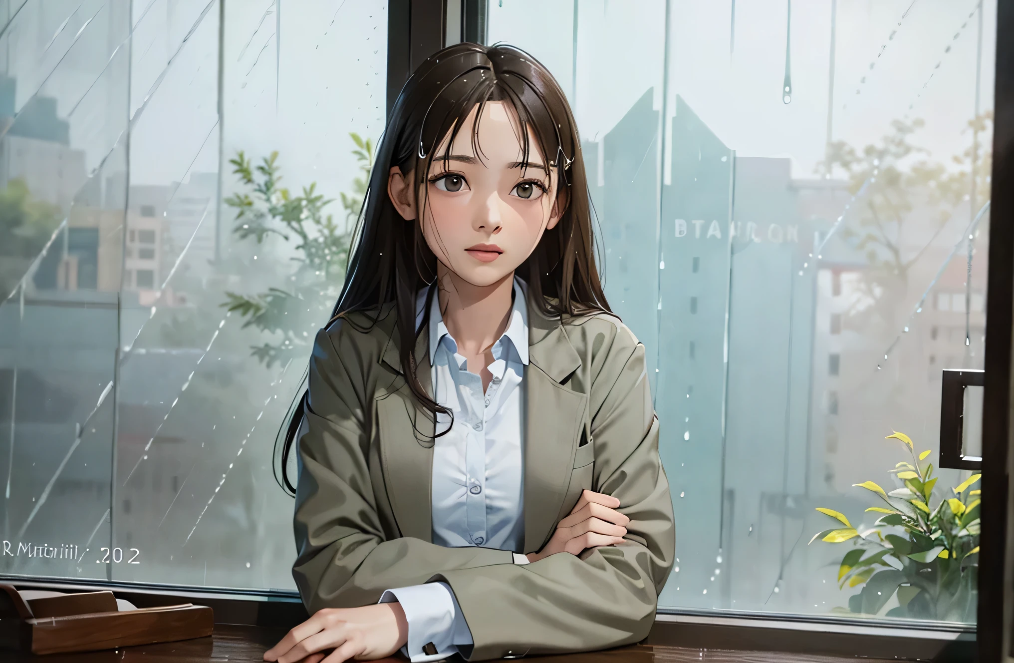 realistic, table top, highest quality, Raw photo, (((rain outside the window))),one working girl, alone, long hair, brown hair, detailed face, fascinating face, , medium breasts, suit jacket,Self-sustaining,((female architect)), looking at the viewer, Rain beats against the large slanted window,from below, detailed background, Detailed, intricate details, ray tracing, Depth of the bounds written, , nffsw