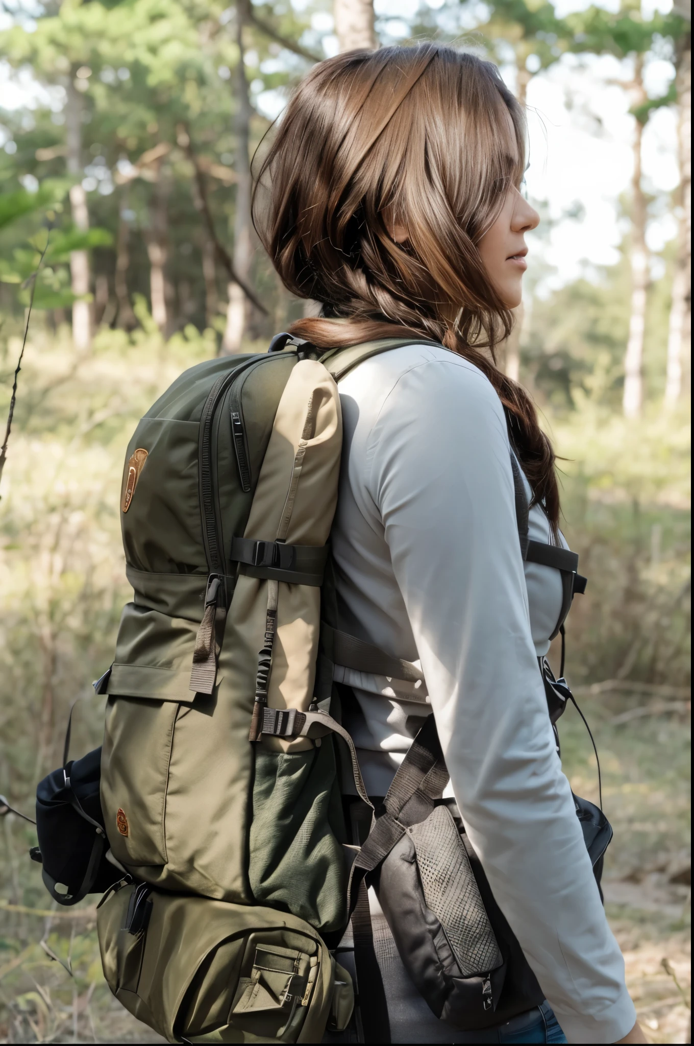 arafed woman com uma mochila standing in a forest, carrying survival gear, lady huntress of the forest, com uma mochila, vista traseira, carregando mosin nas costas, carregando um rifle, backlight, tiro lateral, wearing tactical gear, vestindo equipamento de aventura, vista lateral, foto de perfil, carregando um saco de selim, vista lateral, vista lateral, bottom angle
