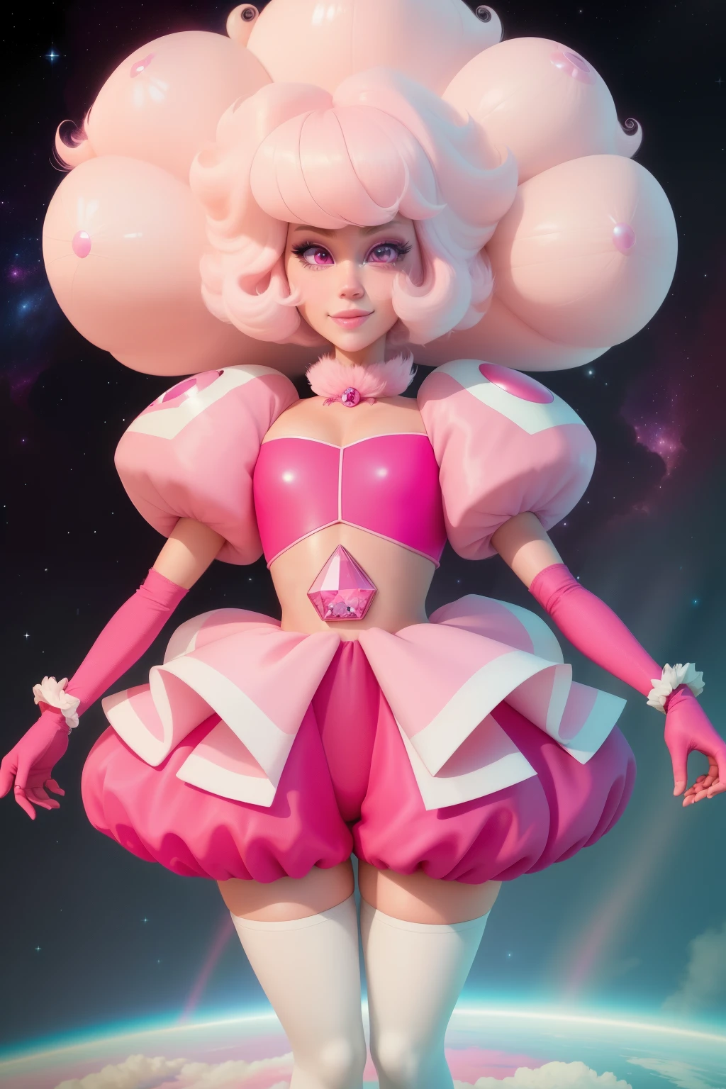 pnkdamond, pink hair, pink eyes,  big hair,  stomach gem,  pink skin,  toned, 
puffy short sleeves, elbow gloves ,  white thighhighs,   puffy dress, 
standing, upper body, 
 outerspace,  
(insanely detailed, beautiful detailed face,beautiful detailed eyes, masterpiece, best quality) cinematic lighting,  smile, 
 