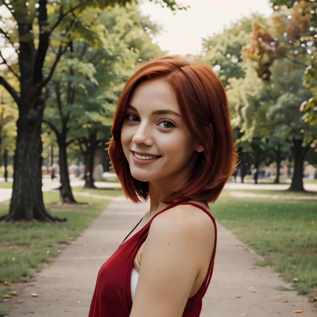 Hot Red head, long Bob, beautiful smile, looking away from the camera, body shot, shooting in a Park, high qulality