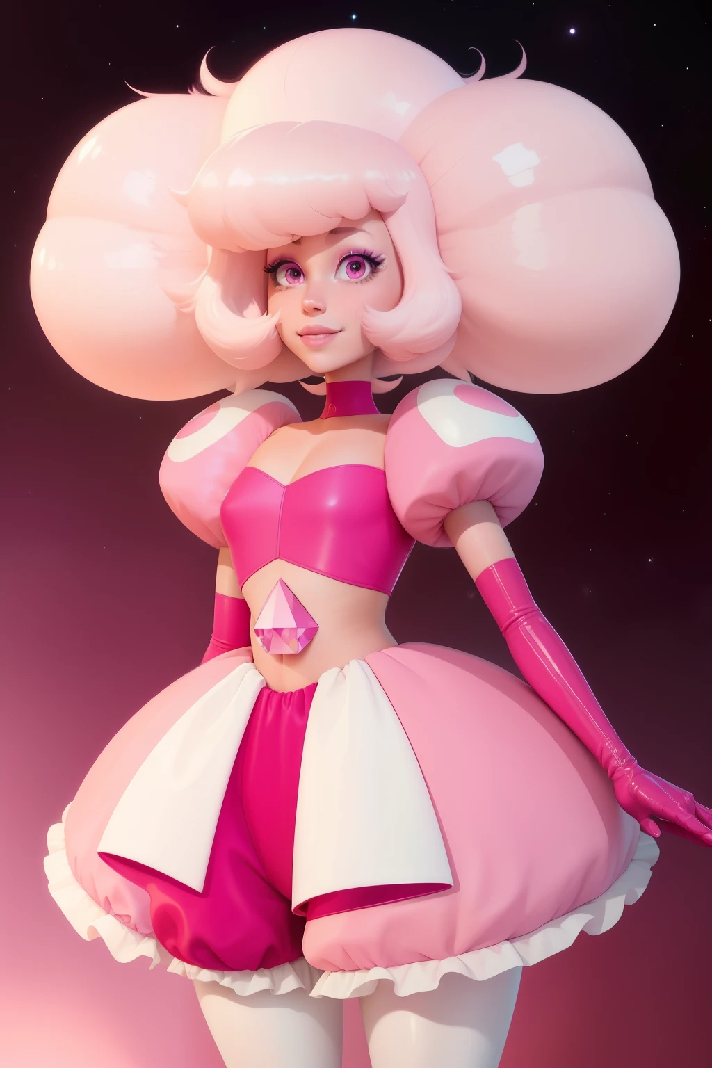 pnkdamond, pink hair, pink eyes,  big hair,  stomach gem,  pink skin,  toned, 
puffy short sleeves, elbow gloves ,  white thighhighs,   puffy dress, 
standing, upper body, 
 outerspace,  
(insanely detailed, beautiful detailed face,beautiful detailed eyes, masterpiece, best quality) cinematic lighting,  smile, 
 