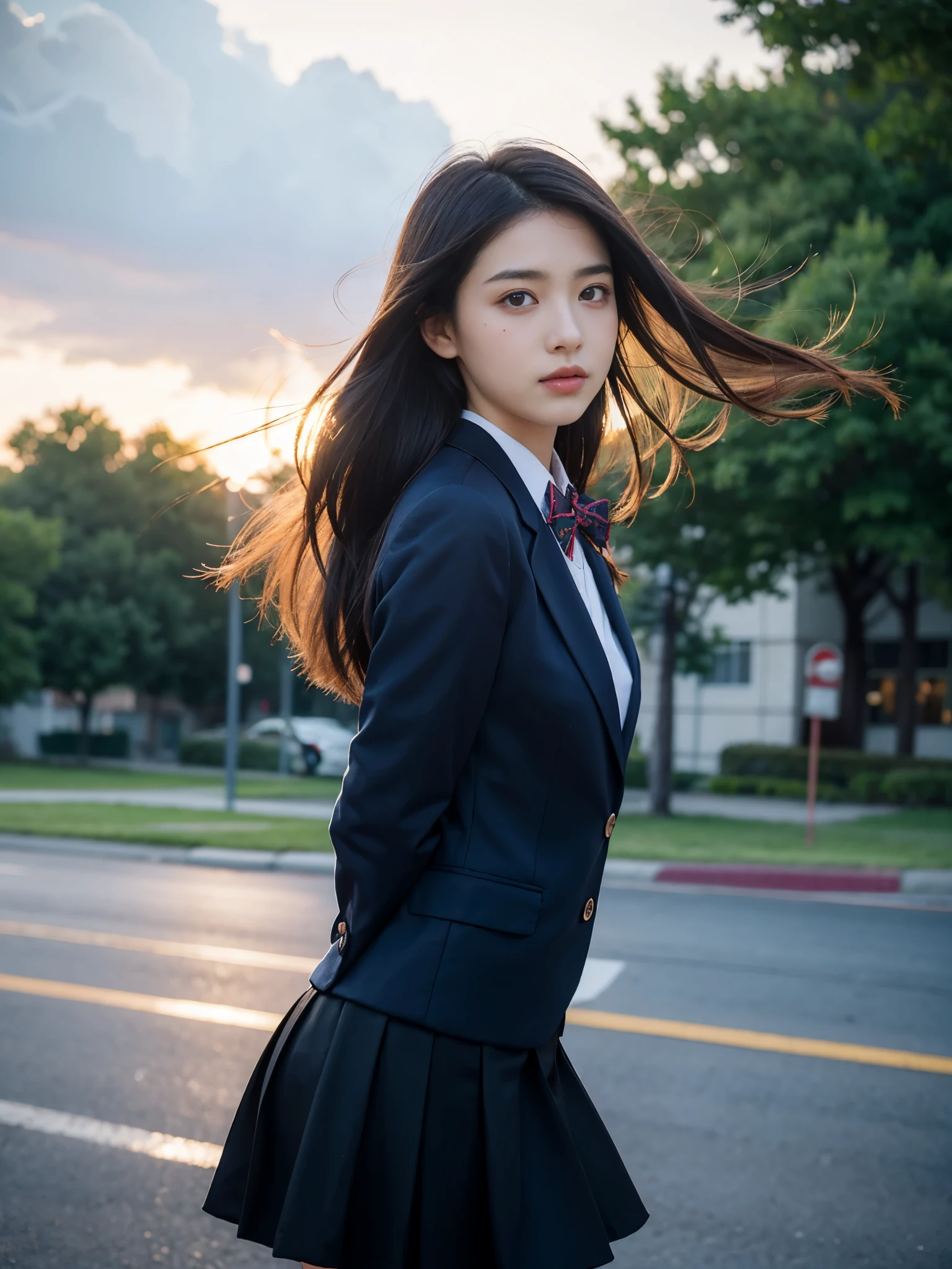 (masterpiece, highest quality:1.4), award-winning portraits, 8K, 85mm, alone, beautiful face, delicate girl, , (dark navy blazer jacket, turn your arms behind your back, close your face:1.2), dark navy skirt, long sleeve, violaces, gardenia, grace, Sophisticated, cute, teen, looking at the viewer, 15 years old, Raw photo, disorganized, HDR, sharp focus, A bow tie, background bokeh、(((flat 、thin and delicate body、A childish atmosphere)))、shiny semi-long hair、ponytail、Mole on the left cheek、large, round, dark blue eyes、(knee shot)、the skirt is swaying in the wind、((Uplifting、come running to me、hair waving in the wind))、