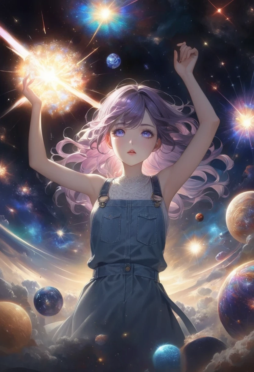 A girl standing alone in front of a breathtaking masterpiece of a supernova explosion. Her eyes are intricately detailed, reflecting the vibrant colors of the exploding stars. Her lips are also beautifully detailed, perfectly complementing her mesmerizing gaze. The artwork is rendered in high resolution, capturing every detail and creating a sense of realism. The scene is illuminated by studio lighting, enhancing the vivid colors and adding depth to the composition. The overall tone of the image is vibrant, with rich hues of blues, pinks, and purples dominating the color palette. The explosion of the supernova is depicted with ultra-detailed precision, showcasing the physics and energy behind such an event. The girl's pose and expression convey a sense of awe and wonder, as she witnesses the beauty and power of the cosmos. The surrounding space is filled with distant galaxies and nebulae, adding to the grandeur of the scene. This artwork is a perfect blend of realistic and artistic elements, capturing the imagination and leaving a lasting impression on the viewer.