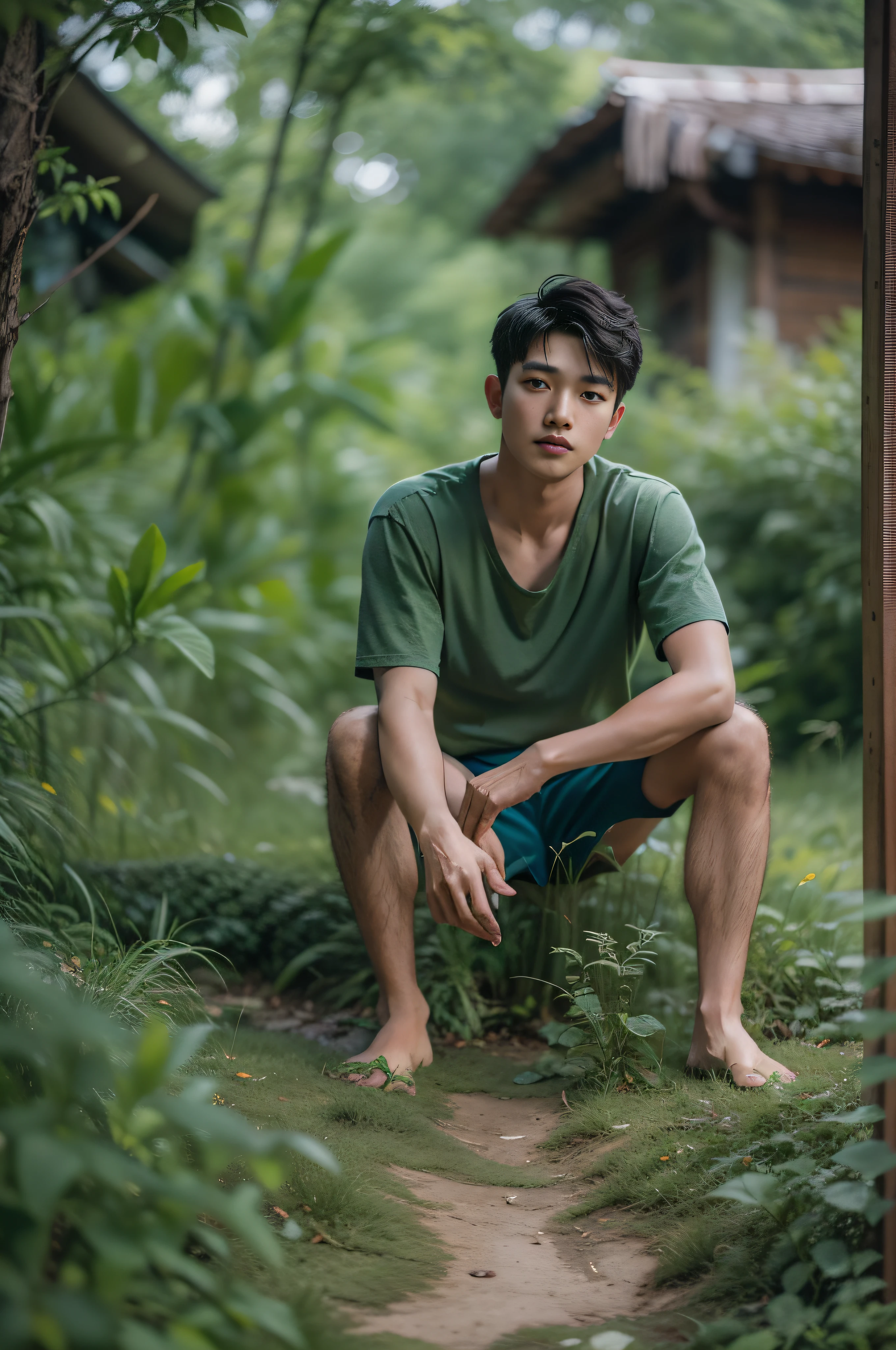 Comfortable and warm photos，asian boyanhood: 25 years old, feetを披露する村人，feet_concentrated，Wear black boxer shorts，Photos of green spaces，Sit on weeds，feetを上げておいてください，裸feet，toes，feetの裏，long legs，bend your knees，feetを広げるポーズ，The composition is great