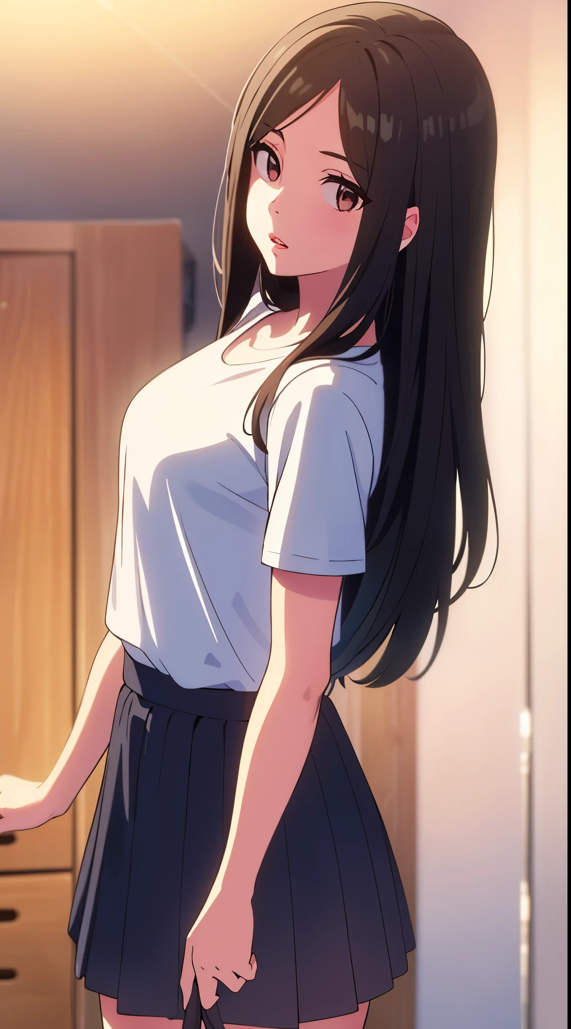Girl, long brown hair, brown eyes, sharp features, white skin, pink lips, T-shirt, dark blue skirt