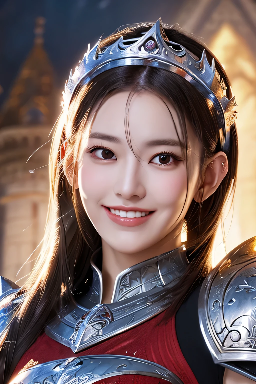 (highest quality,masterpiece),Close up portrait of woman in silver and red dress posing,Huge ,beautiful face,well-proportioned face,tie long hair,detailed fantasy art、smile、beautiful teeth、fan art best art station、magnificent exquisite character art、Dragon helmet,beautiful armor、Armor with intricate details,Highly detailed art buds、detailed digital anime art、armor girl,valkyrie,The background is a castle