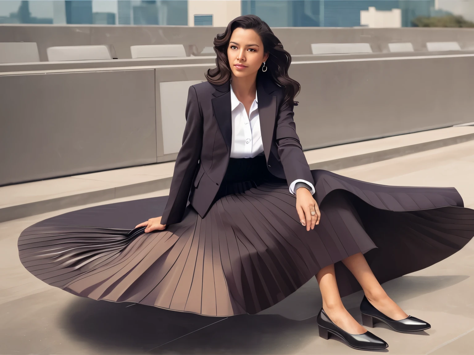 (authentic:1,1) (shy:0,9) (smiling:0,4) women wearing (long (pleated) full circle skirte) and (low heeled office shoes), very intricate hyper-detailed symmetric (attractive graceful feminine faces) with (sad, tired eyes and shy smiles), large breasts, full of empathy and compassion and love, (pronounced (feminine) features), (highly detailed ultra accurate realistic) hands and fingers, (windy conditions and wind blowing), epic composition, highly detailed attributes, highly detailed space station background, extremely high quality RAW photograph,, sci-fi , high-angle shot, cinematic shot, dynamic lighting, 75mm, Technicolor, Panavision, cinemascope, sharp focus, fine details, 8k, HDR, realism, realistic, key visual, film still, superb cinematic color grading, depth of field