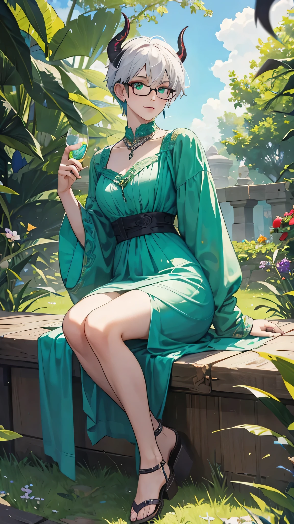 8k, masterpiece, best quality, highly detailed, 1girl, tiefling, warlock, multicolored hair, very short straight hair green highlight hair on white hair, strippled hair, wearing glasses, earrings, necklace, mole, glowing green eyes, glamorous, garden, teal and purple dress, sandals, villainy, seductive pose, close up view, rings, looking at viewer, demon horns, picnic, sunny day, fullbody view.