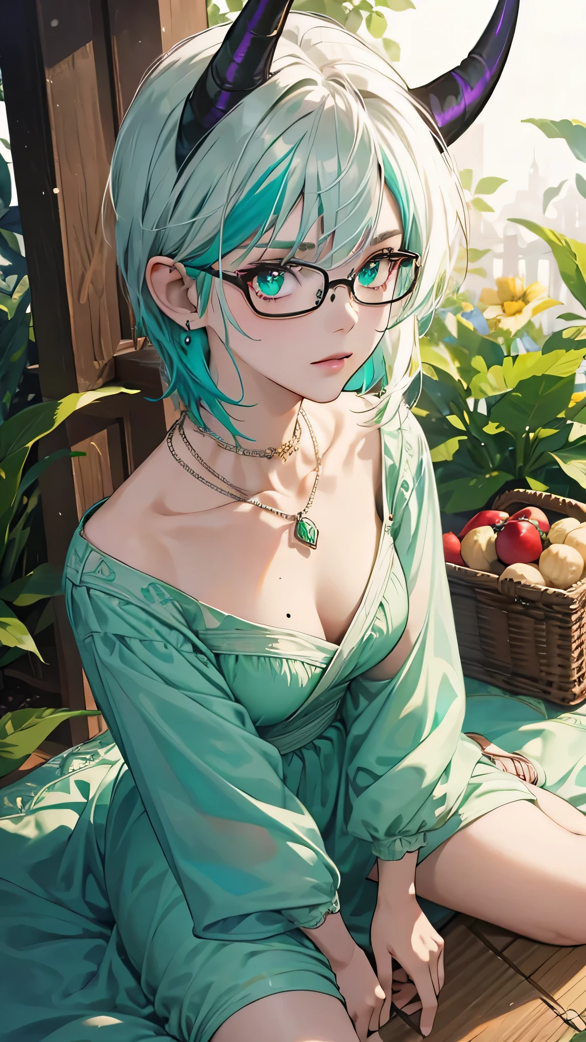 8k, masterpiece, best quality, highly detailed, 1girl, tiefling, warlock, multicolored hair, very short straight hair green highlight hair on white hair, strippled hair, wearing glasses, earrings, necklace, mole, glowing green eyes, glamorous, garden, teal and purple dress, sandals, villainy, seductive pose, close up view, rings, looking at viewer, demon horns, picnic, sunny day, fullbody view.