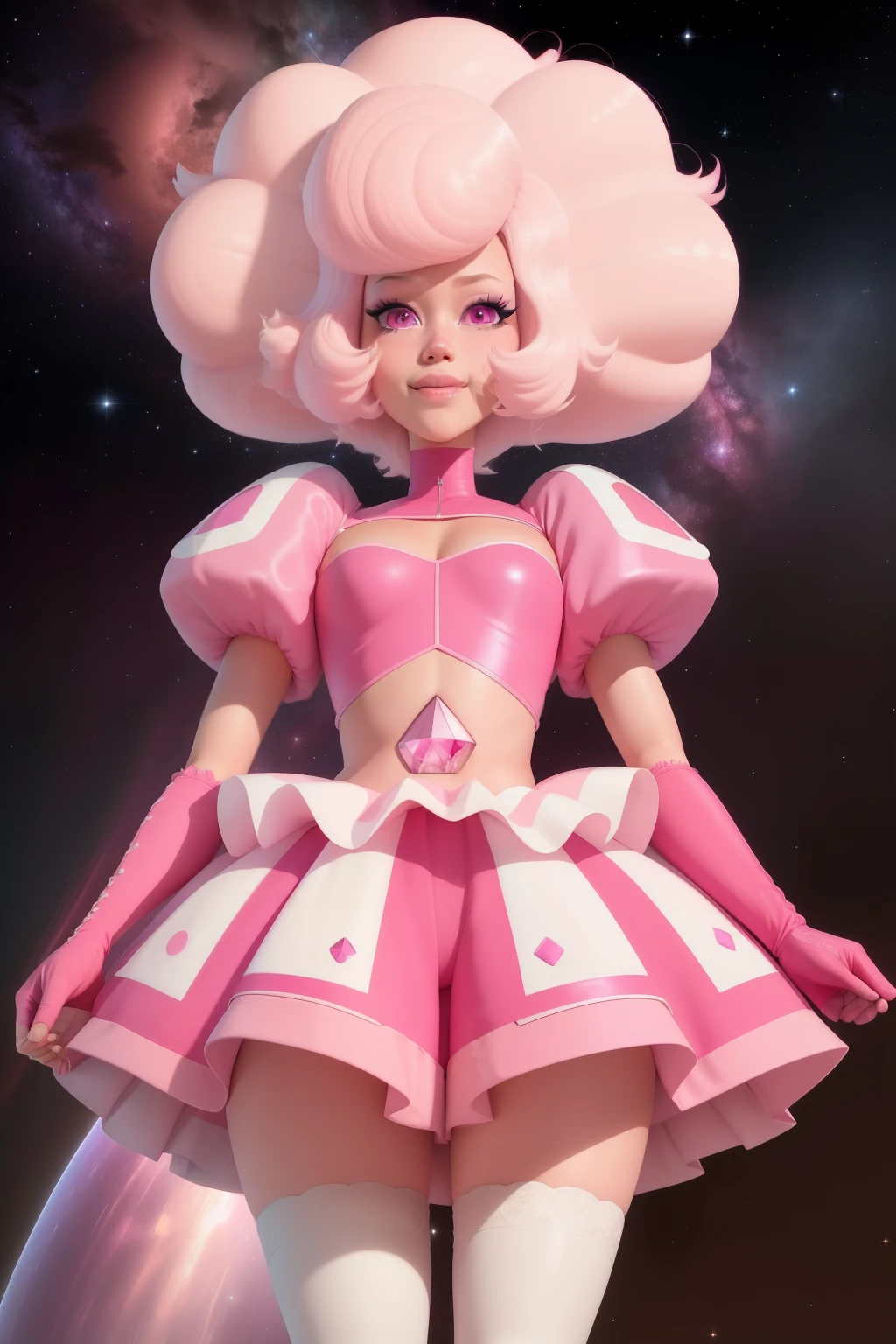 pnkdamond, pink hair, pink eyes,  big hair,  stomach gem,  pink skin,  toned, 
puffy short sleeves, elbow gloves ,  white thighhighs,   puffy dress, 
standing, upper body, 
 outerspace,  
(insanely detailed, beautiful detailed face,beautiful detailed eyes, masterpiece, best quality) cinematic lighting,  smile, 
 