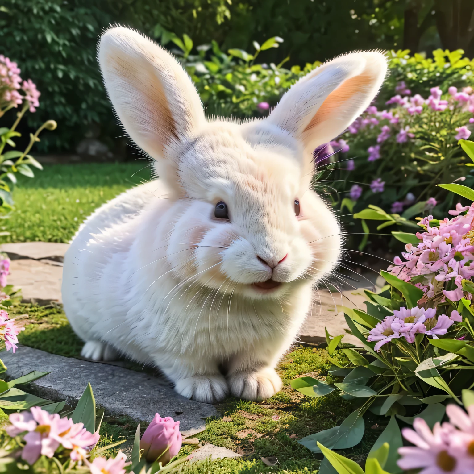 (best quality,4k,8k,highres,masterpiece:1.2),ultra-detailed,realistic,cute rabbit ((white rabbit)), show teeth,pink fur,detailed fluffy ears,sparkling eyes,nose twitching,enjoying a sunny day,in a lush garden,blooming flowers,colorful butterflies,happy expression,natural lighting,soft pastel tones,playful posture