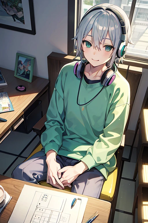Japanese anime, beautiful smile　young man, silver hair, bobbed hair, pastel green sweatshirt, evening, headphones, 
sitting at desk, stylish room, oblique angle,high quality, amount of drawing, pixiv illustration