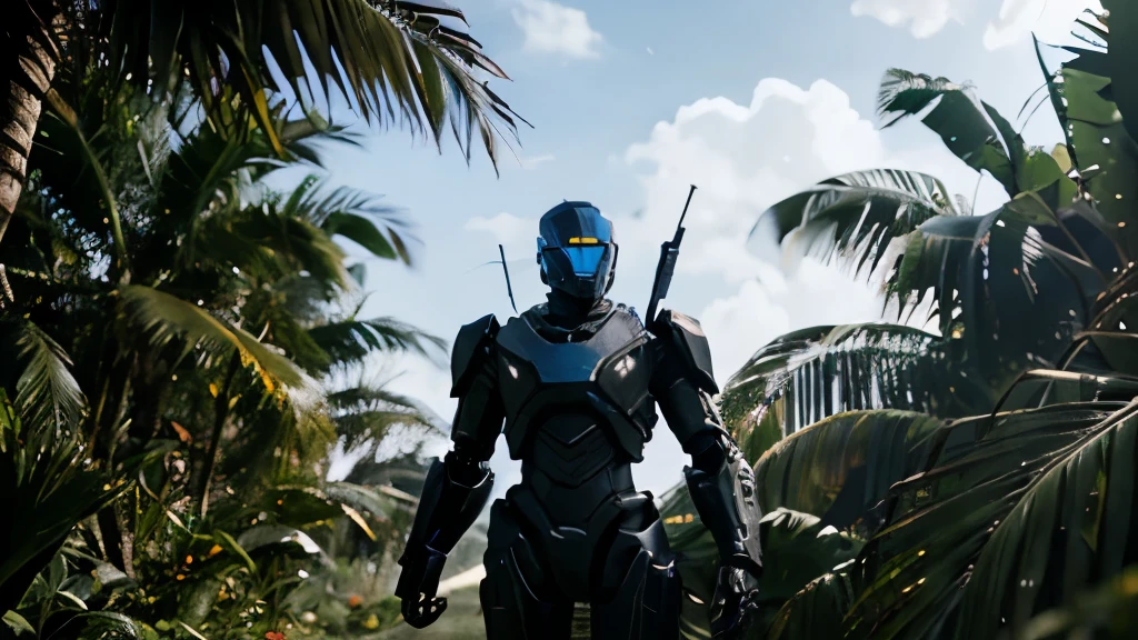 Black elit war robot trying to get through a blue jungle, cinematic, sunshine,