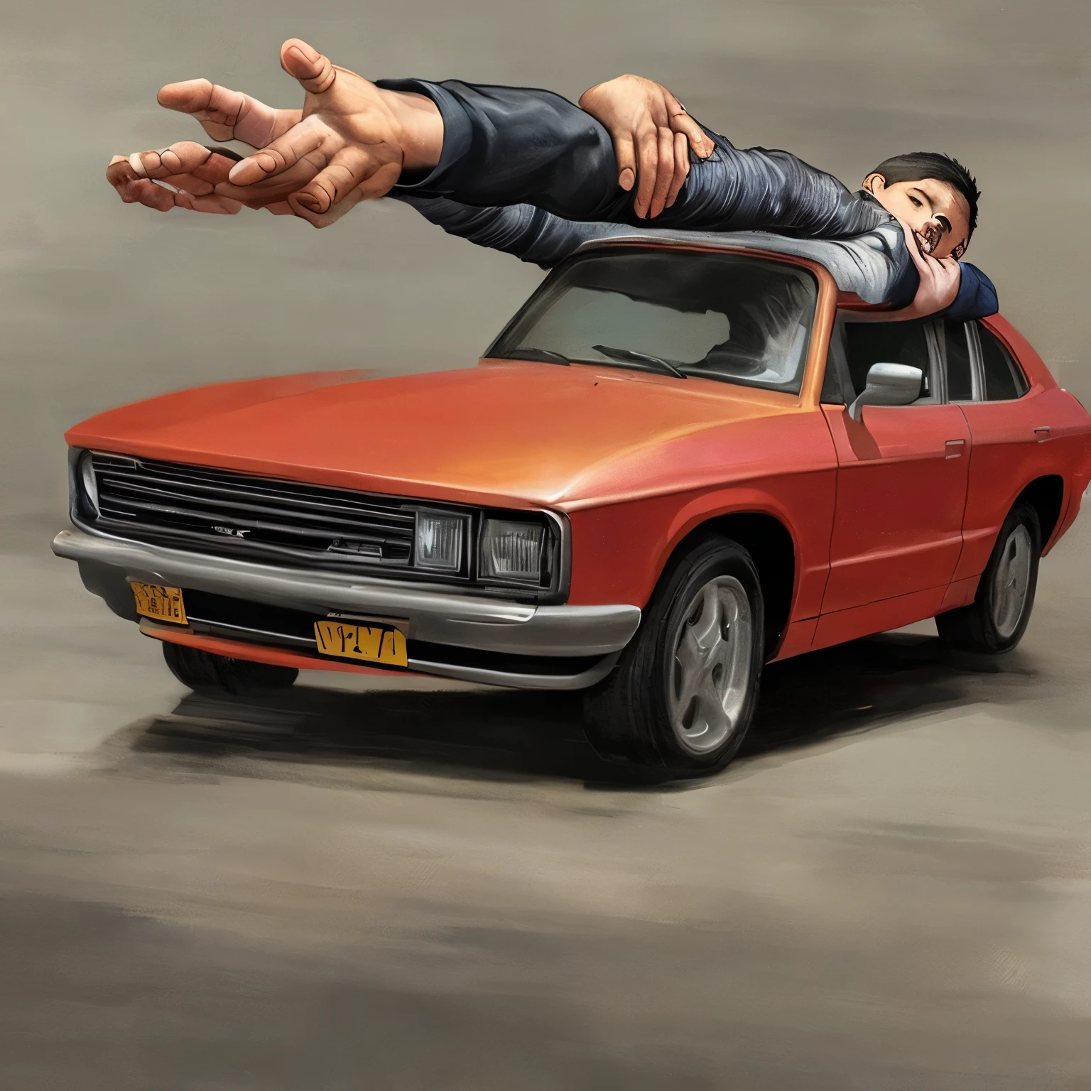 Boy lifting car with 1 hand