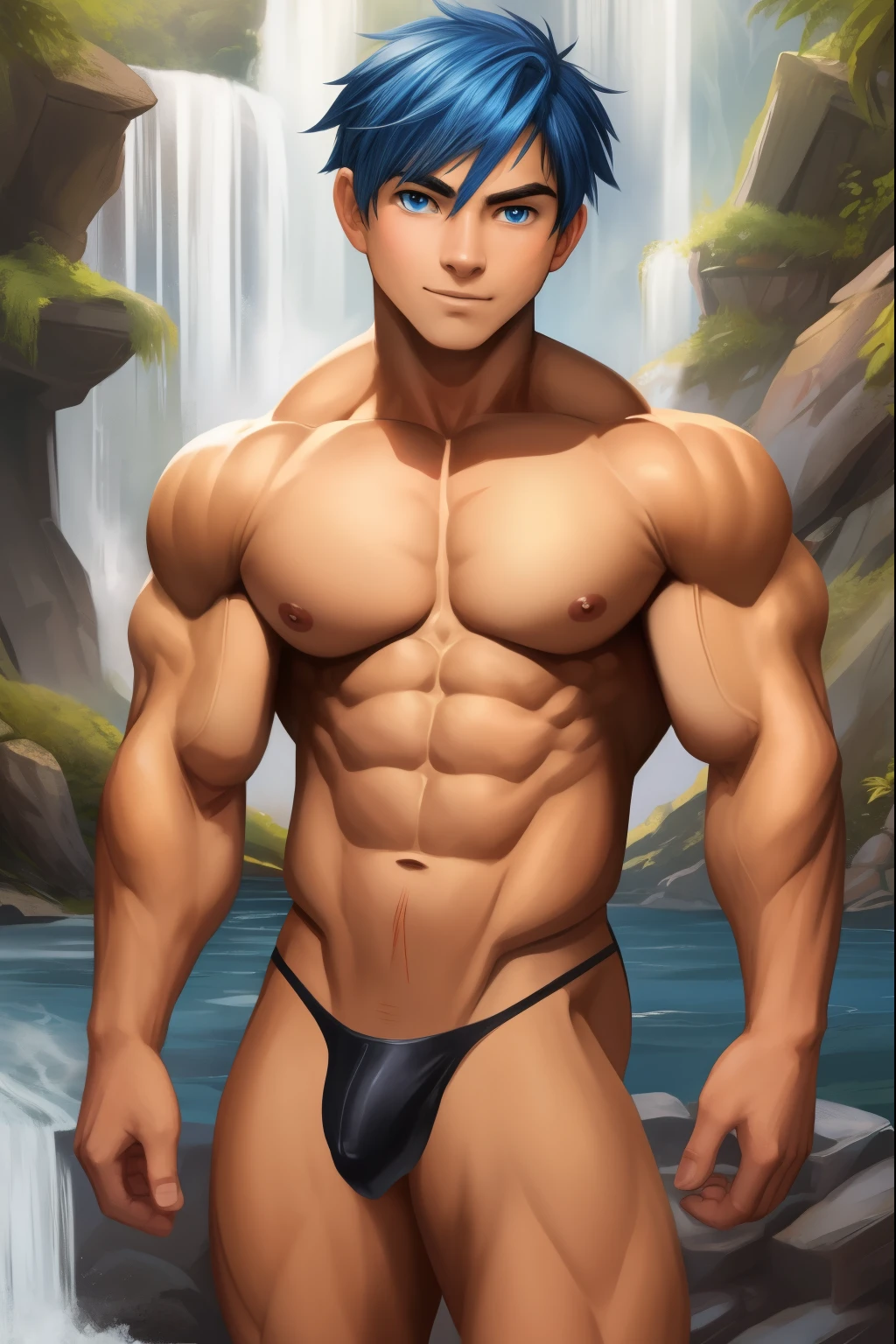 A ( face) 15 year old teen (15 yearsttractive boy, Mexican ethnicity. Tanned skin, cobalt blue hair, short hair bangs that fall on both sides of his youthful face. Carefree expression, young man, alone, marked muscles, beautiful musculature, aesthetic stretch marks, inspiring physique, slender muscles, square pecs, beautiful V-cone, excellent abs and torso, chiseled abs, pectorals chiseled, with his military haircut and voluminous neck, narrow waist, bare chest, shirtless, topless, blue eyes, young face, beautiful, young. Teen muscular young builder with extraordinary and firm back, chiseled muscles, rhomboid muscles, latissimus dorsi. Gigachad. He is wearing a thong, ((Metalic thong)), (THONG). Bare chest, Ruins of Jedi temple with river and waterfalls background. With big booty.