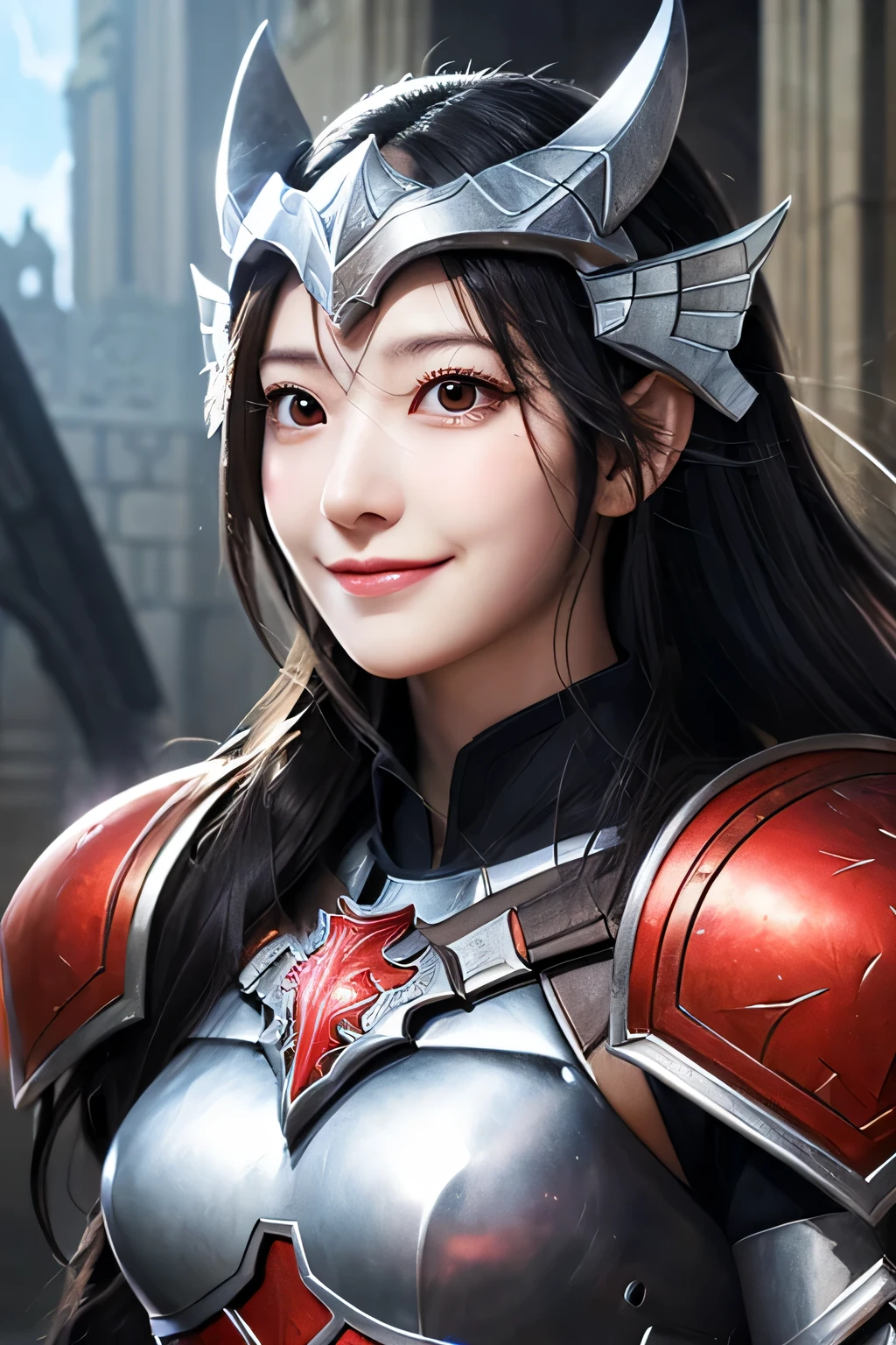 (highest quality,masterpiece),Close up portrait of woman in silver and red dress posing,Huge ,beautiful face,well-proportioned face,tie long hair,detailed fantasy art、smile、beautiful teeth、black hair、fan art best art station、magnificent exquisite character art、Dragon helmet,beautiful armor、Armor with intricate details,Highly detailed art buds、detailed digital anime art、armor girl,valkyrie,Upper body、The background is a castle
