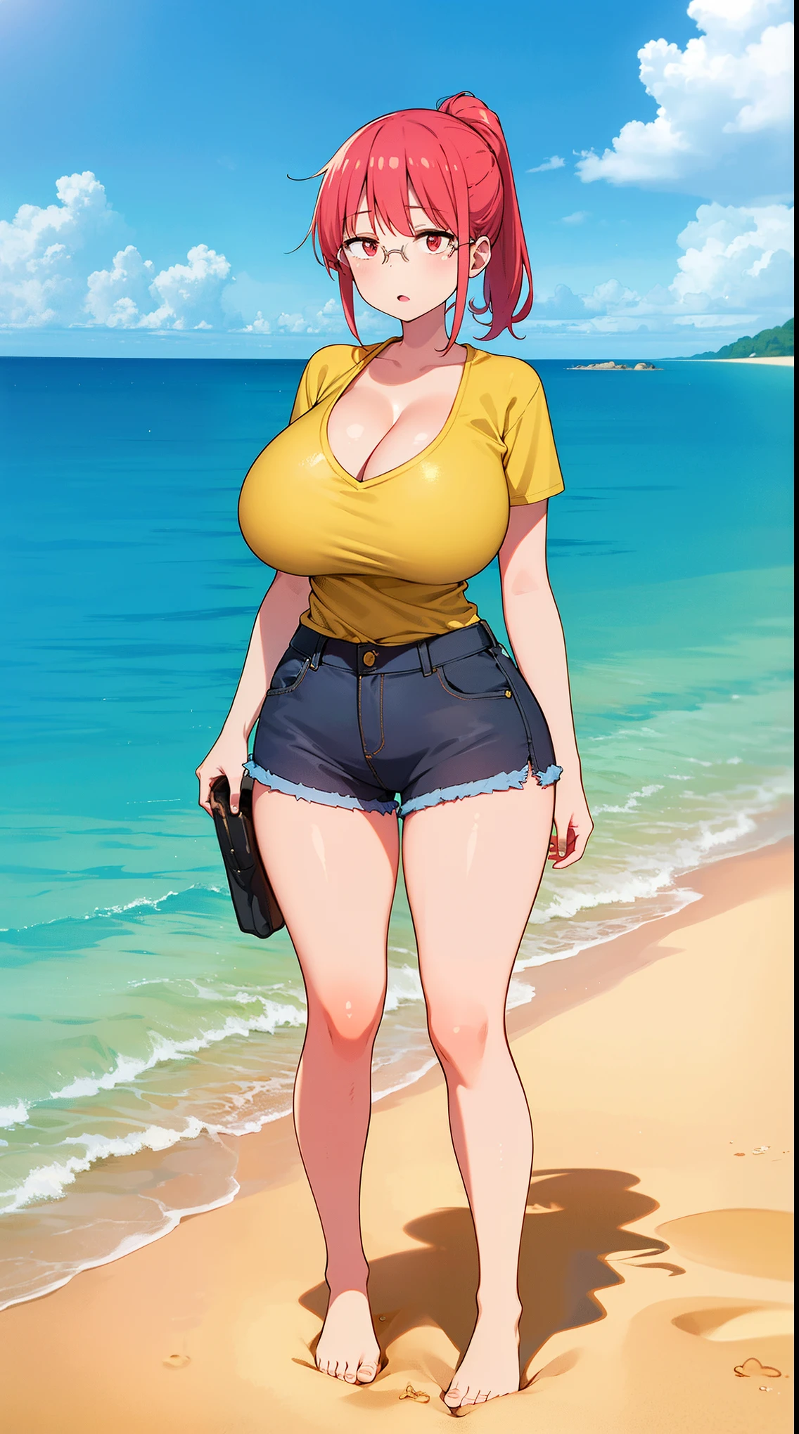 girl, solo, full body, from head to toe, beautiful body, perfect body, nice body, (Huge_Breasts:1.3),

standing in the beach,

kobayashi_san, ponytail hair, red eyes, red hair, glasses,
shirt, yellow shirt, minidolphinshorts, Cleavage,

official art, extremely detailed CG unity 8k wallpaper, perfect lighting, Colorful, (best_quality:1.0), ultra high res,4K, ultra-detailed, 8K, HDR, high resolution,  absurdres:1.2, film grain, (vibrant_color:1.2), (narrow waist),