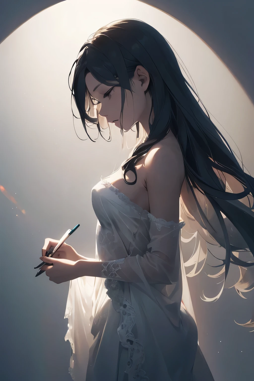 stand in front of the wall、woman drawing a picture, ethereal stills, a stunning young ethereal figure, soft ethereal lighting, Ether backlight, ethereal and otherworldly, Ethereal lightで, ethereal shine, Ethereal light, ethereal and dreamy光, ethereal and dreamy, ethereal lighting, as she looks up at the ceiling, bathe in light