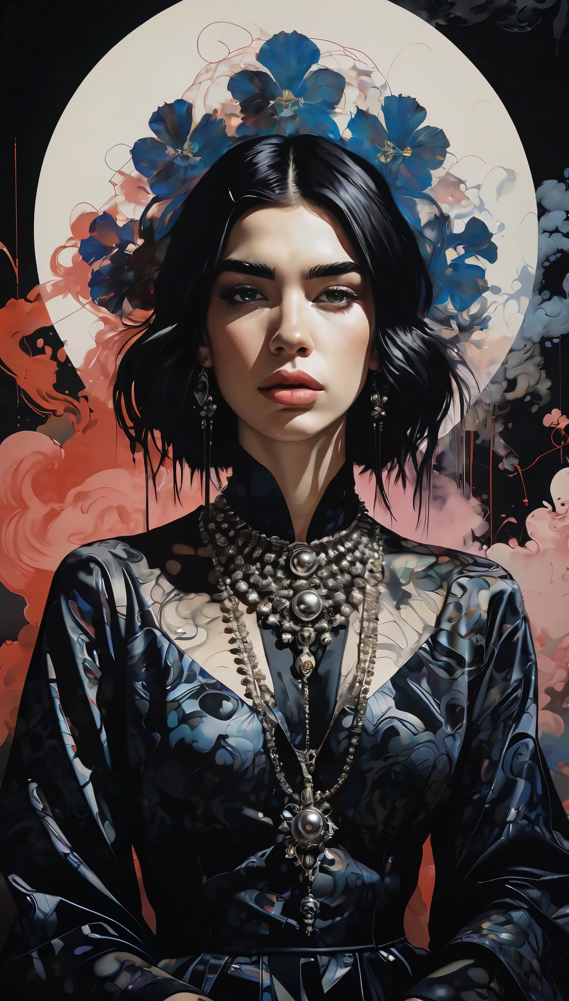 (Dua Lipa) is a beautiful charming vampire queen sitting on a throne, carved out of dark smoke, pale skin,dark fantasy background, black, circular colored smoke, waves of shadows at night, abstract skull ornaments, messy hair, soft colors, flat 4d street art in the style of adrian ghenie, esao andrews, jenny saville , edward hopper, surrealism, james jean dark, takato yamamoto, inkpunk minimalism, , detailed eyes with circular iris, seamless geometric pattern harmony, luminogram, iron gall ink, art by Russ Mills, Sakimichan,, by GIlSam -paio octane rendering depicting innovation and truth, 8k, by Lee Jeffries, depth - Gs studio