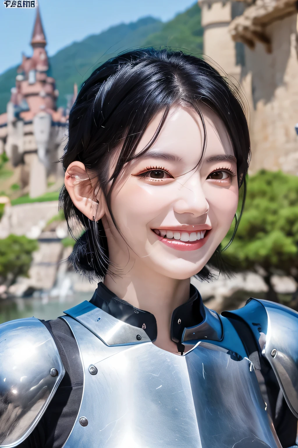 highest quality、４Ｋ、The background is a castle、slender body shape、female knight、black hair、smile、beautiful teeth、hairstyle shortcut、ear piercing、full body photo、Luxurious Silver Armor、