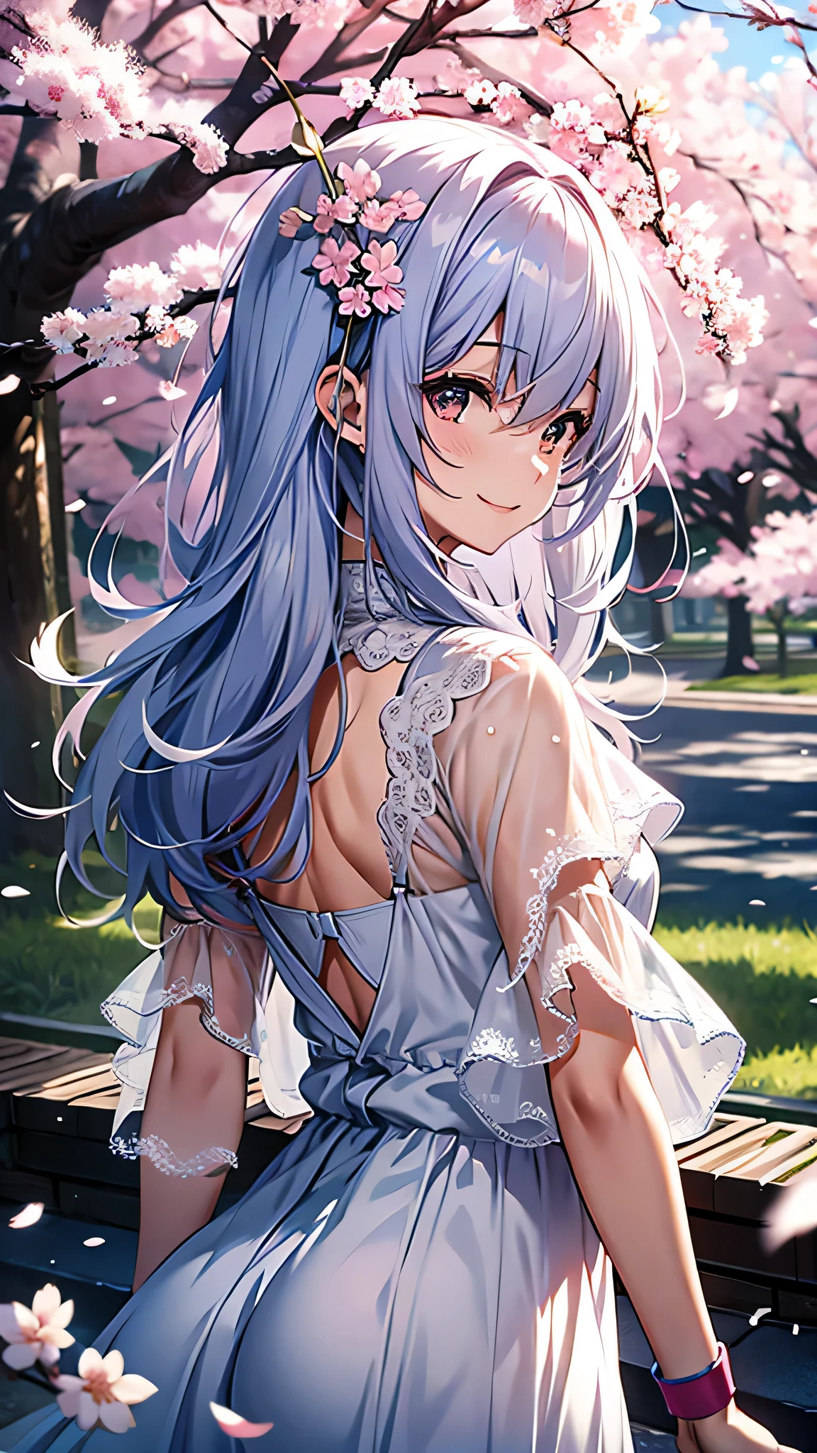 最high quality、best image quality、masterpiece、girl((18-year-old、 By becoming、vest bust、medium bust,wide open breast tea、shining eyes, silver hair、long hair、thin,highest valley、white see-through dress、White short skirt、Wristband、smile、back view、cherry blossom hair ornament、emphasize the buttocks、white underwear)),high quality、beautiful art、background((SakuraFubuki、Falling cherry blossoms、Cherry tree、beautiful park、square、Cherry Meadow、Wind、))、Flight、debris flies、Depth of written boundary、movie、visual art、perfect art、8K,genuine、
