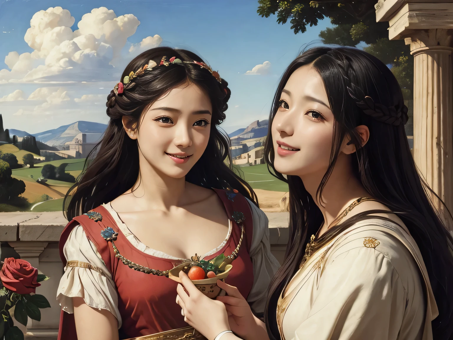 ull body portrait or statue、Giorgione painting style,Arguments of two female Philosophe,math、astronomical machine、astronaut、roses in vase、fruits、Cute trinkets、smile、ancient greek costume、Ancient Roman landscape in the style of Nicolas Poussin,laughter,,Sweet and seductive appearance.、Caravaggio's paintings、Chiaroscuro of Caravaggio、hair tousled by the wind,Two women frolicking,cute smile, expression of ecstasy,Sexy,erotic