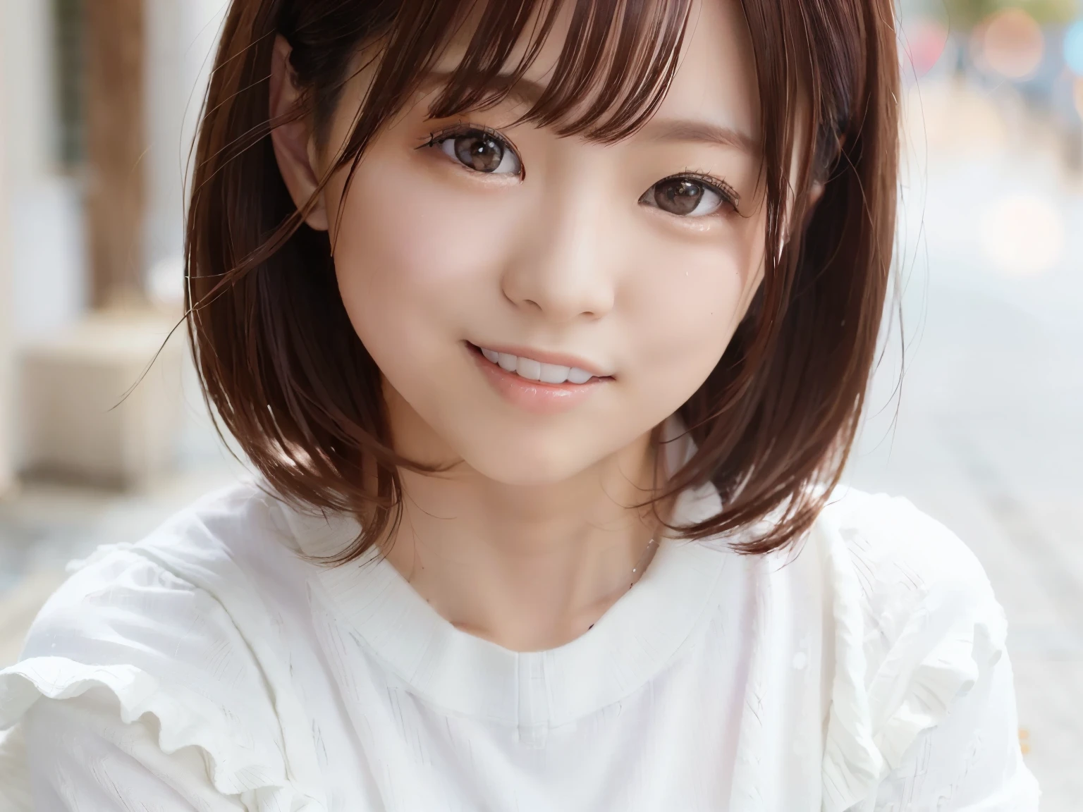 (skin spots: 1.2), (skin dents), black eye, woman1名, 25 years old, ((((woman))), alone, genuine, highest quality, realistic, masterpiece, 8K, High resolution, alone, highly detailed face, (professional lighting, Bokeh), (particles of light, Lens flare, luminescent particles: 0.6), (dynamic pose: 1.2), soft lighting, Angle seen from above, Fashionable and trendy, Japan, street, urban, Tokyo, Minato, (daytime)), null, ((show viewer:1)), (look at the camera), (portrait: 0.6), cowboy shot, nice, Are standing, Maintain original facial proportions, broad shoulders, (whole body), (small breasts), (short hair), brown hair, floating hair, lips, lipstick, seductive smile, floating hair, smile, Open_mouth, teeth, (White blouse without sleeves), (Tight Skirt), eyelash, mole under eye: 1),