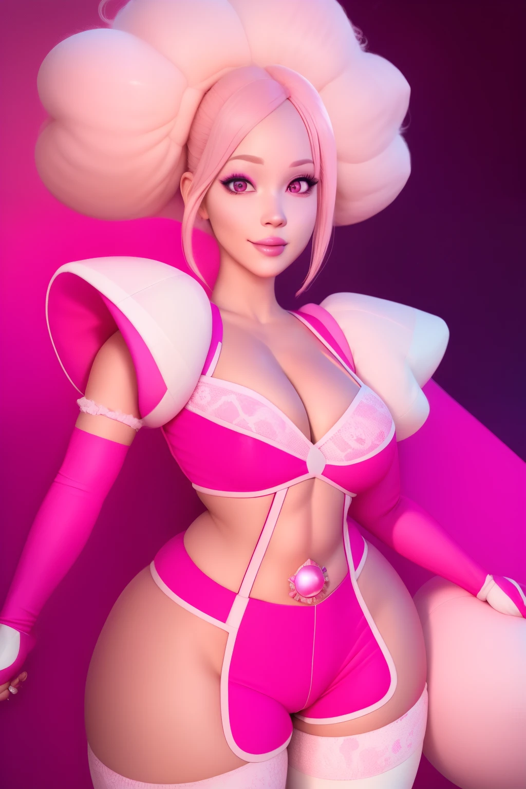 pnkdamond, pink hair, pink eyes, big hair, stomach gem, pink skin, toned,
puffy short sleeves, elbow gloves , white thighhighs, puffy dress,
standing, upper body,
outerspace,
(insanely detailed, beautiful detailed face,beautiful detailed eyes, masterpiece, best quality) cinematic lighting, smile,