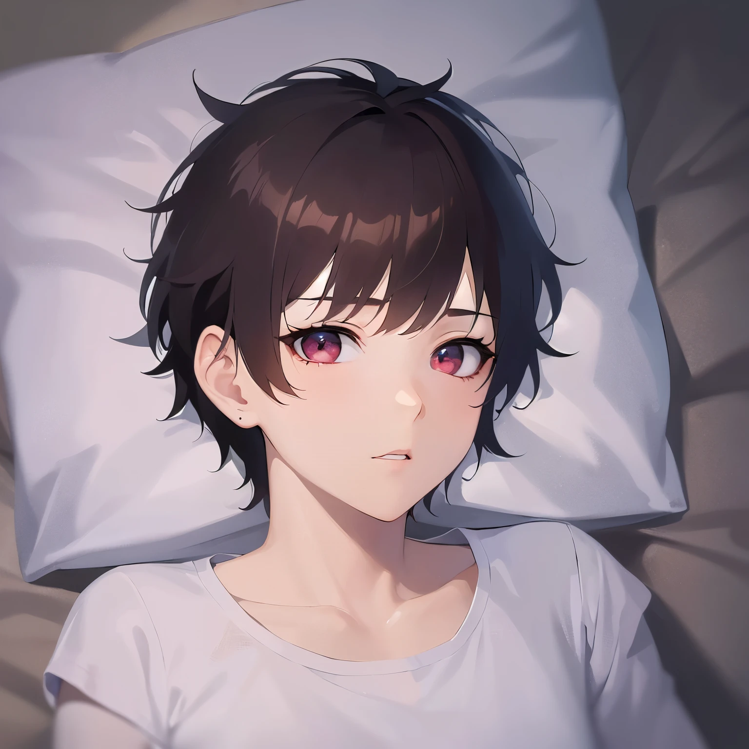 shooting from above, Upper Body, shining screen, masterpiece、highest quality、(25 year old male:1.5) and (brown short hair) and (red eyes), wearing a plain white T-shirt、confused、The background is a bed、(Alone:1.5)、sleeping on one's back