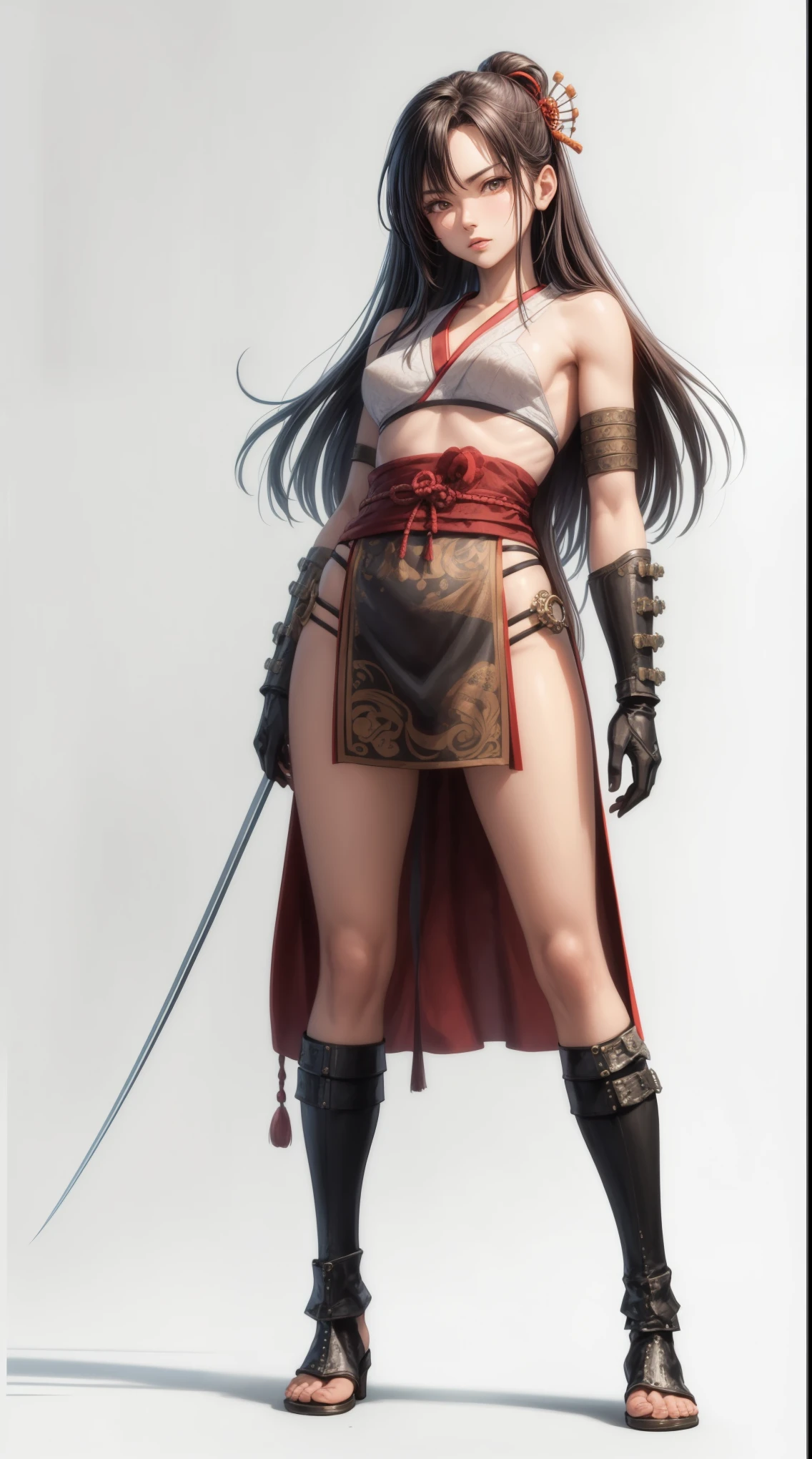 (((woman))), (((best quality person))), (((master piece))), (((As an adult))), ((( Japanese ))), look up from your knees, A beautiful asian samurai woman with perfect body, Modern samurai, ((( Asian))), Wear gloves on your hands，The left arm is made of steel and a metal protector tip, Eyes are pulled, (( Appear under the chest )), (( small dental floss )), Simon Bisley, almost naked（Simon Bisley）Castle City Wilderness，For high resolution posters, hair straight, minimum clothing, armor (crazy clothes ), full of chips and rivets, tribal tattoo, (((full body esbian))), straight brunette hair，colored hair ends