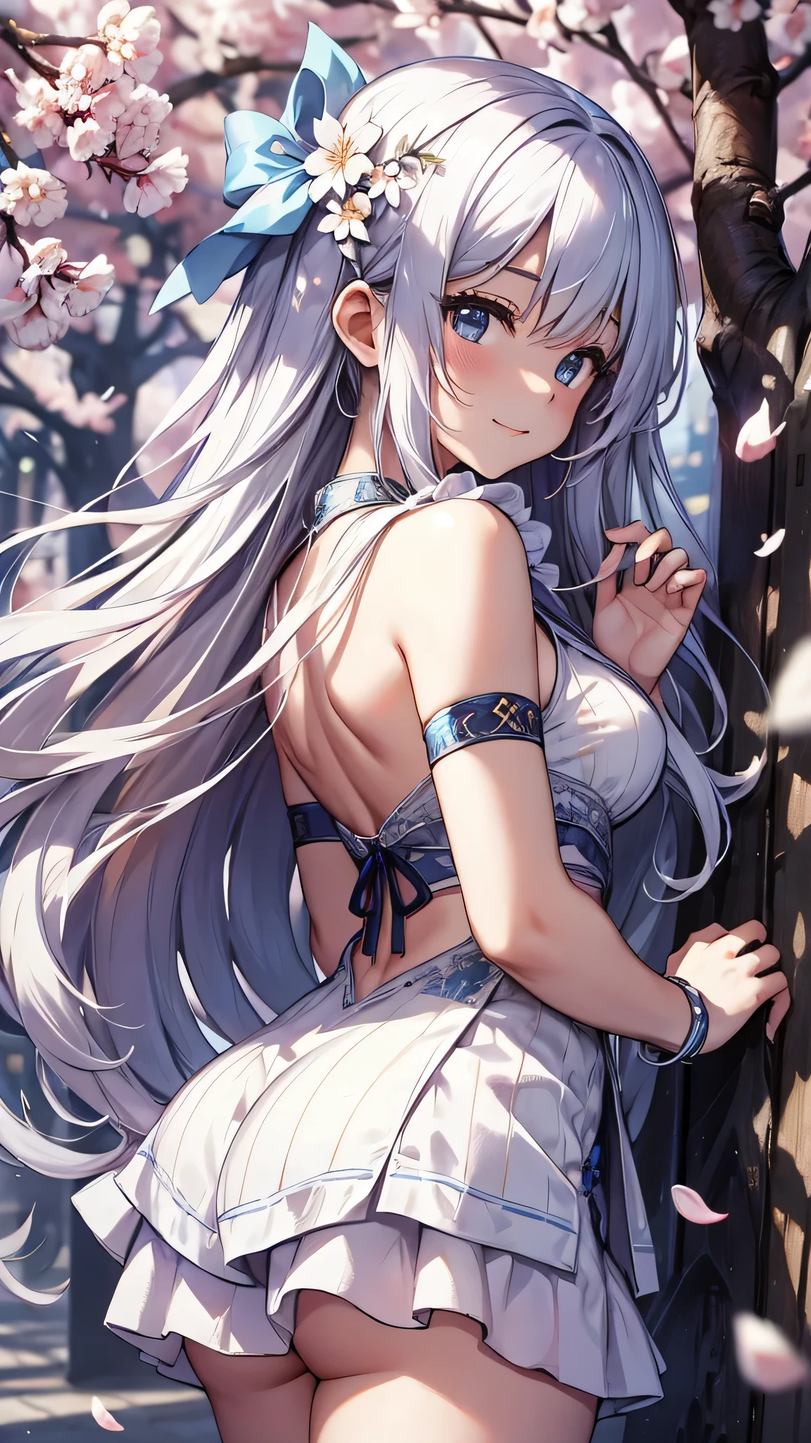 最high quality、best image quality、masterpiece、girl((18-year-old、 By becoming、vest bust、medium bust,wide open breast tea、shining eyes, silver hair、long hair、thin,highest valley、white see-through dress、White short skirt、Wristband、smile、back view、cherry blossom hair ornament、emphasize the buttocks、white underwear)),high quality、beautiful art、background((SakuraFubuki、Falling cherry blossoms、Cherry tree、beautiful park、square、Cherry Meadow、Wind、))、Flight、debris flies、Depth of written boundary、movie、visual art、perfect art、8K,genuine、