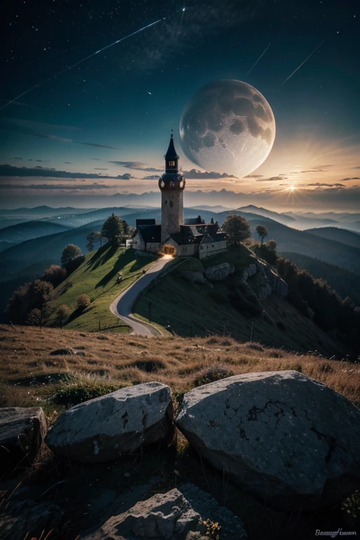 Fantasy Landschaft, Weltraum, spitze Berge, weite Felder, Sternschnuppen