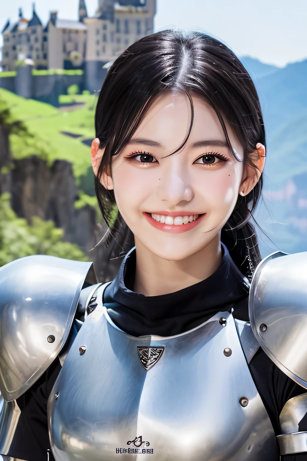 highest quality、４Ｋ、The background is a castle、slender body shape、female knight、black hair、smile、beautiful teeth、hairstyle shortcut、ear piercing、full body photo、Luxurious Silver Armor、