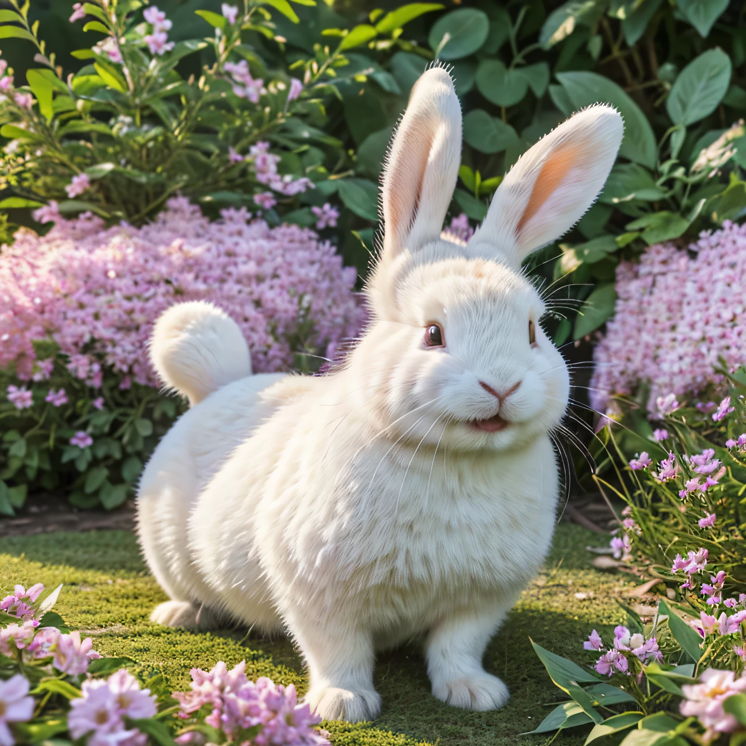 (best quality,4k,8k,highres,masterpiece:1.2),ultra-detailed,realistic,cute rabbit ((white rabbit)), show teeth,pink fur,detailed fluffy ears,sparkling eyes,nose twitching,enjoying a sunny day,in a lush garden,blooming flowers,colorful butterflies,happy expression,natural lighting,soft pastel tones,playful posture