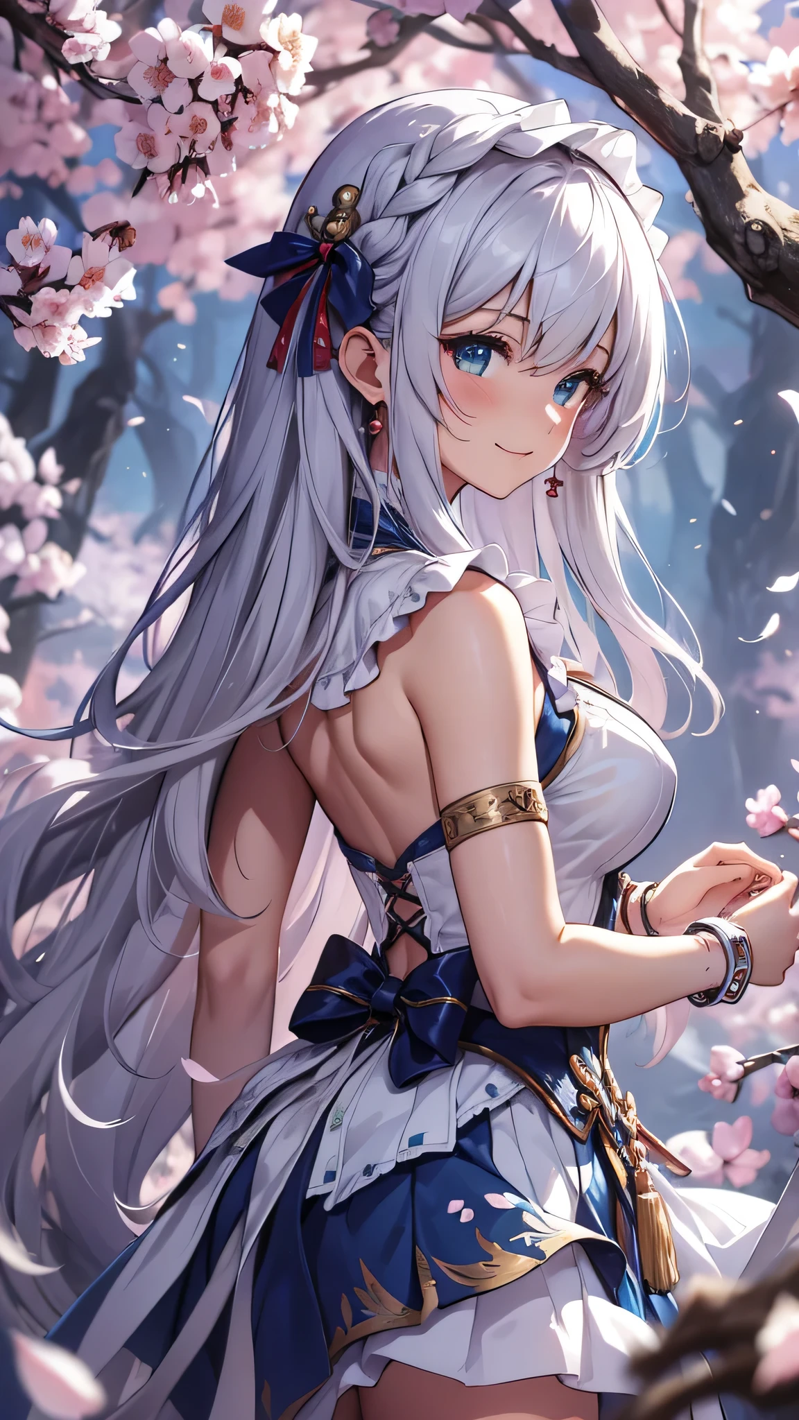 最high quality、best image quality、masterpiece、girl((18-year-old、 By becoming、vest bust、medium bust,wide open breast tea、shining eyes, silver hair、long hair、thin,highest valley、white see-through dress、White short skirt、Wristband、smile、back view、cherry blossom hair ornament、emphasize the buttocks、white underwear)),high quality、beautiful art、background((SakuraFubuki、Falling cherry blossoms、Cherry tree、beautiful park、square、Cherry Meadow、Wind、))、Flight、debris flies、Depth of written boundary、movie、visual art、perfect art、8K,genuine、