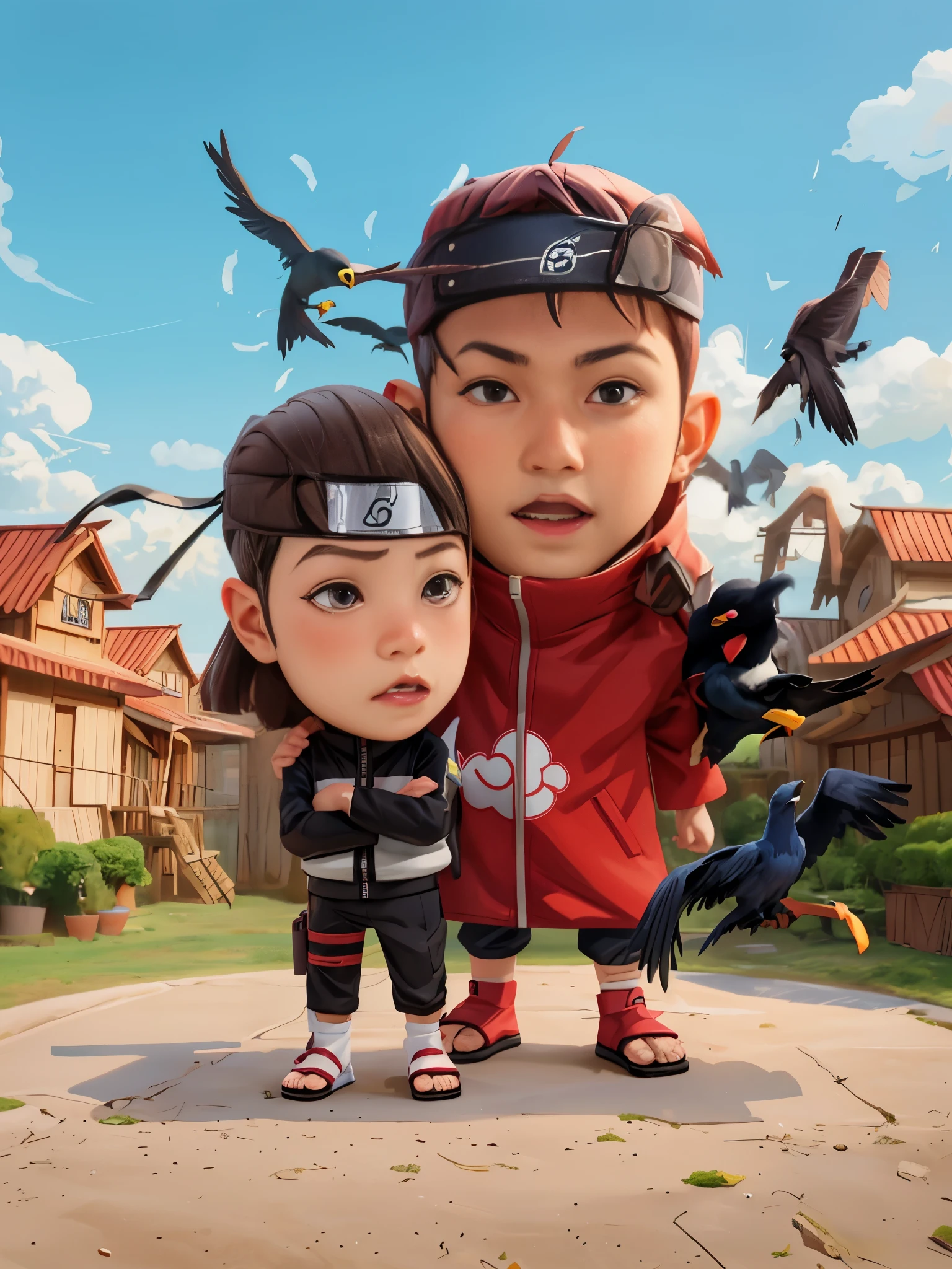 cartoon of a boy and a girl with a crow bird on their head, realistic anime 3 d style, next gen, ig studios anime style, kid, katsuhiro and inio asano, anime styled 3d, chibi, naruto artstyle, ninjas, akehiko inoue and ross tran, ninja, akatsuki akira, characters merged, 3 d anime realistic