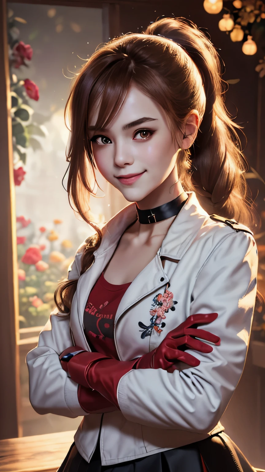 (best quality:1.2),solo,1girl,mdrin,smile,looking at viewer,crossed arms,ponytail,v-shaped eyebrows,white jacket,red shirt,fingerless gloves,black skirt,choker,illustration,floral garden background,warm color tones,soft lighting, Hair over one eye, ultra long hair, standing on hooftop, long boots